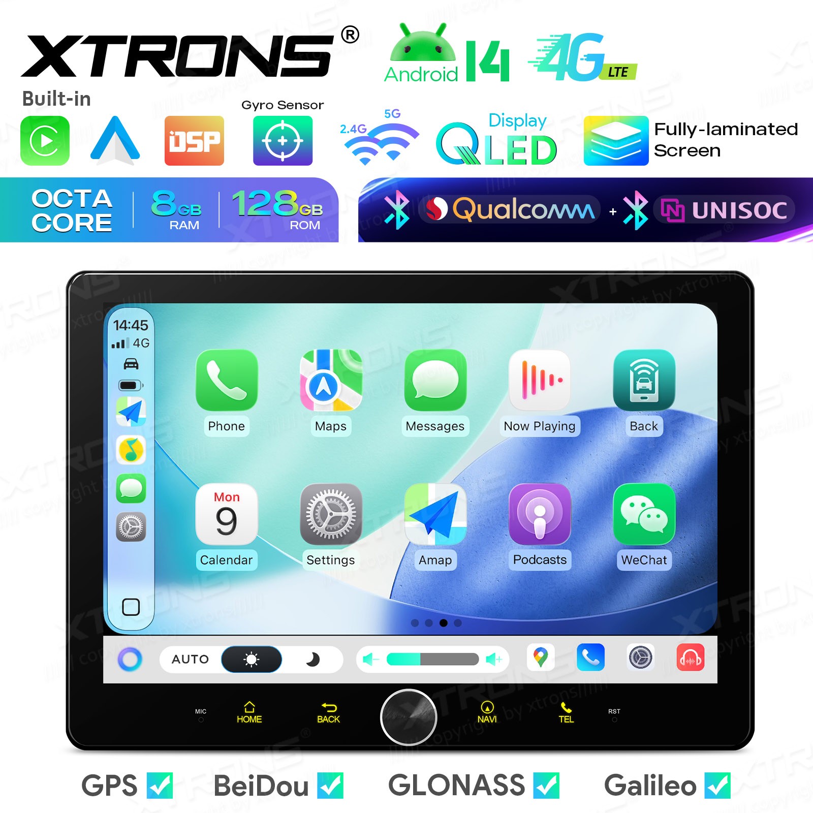 10.1″ AKM DSP Android 14 Radio For Universal 2 Din 8GB 128GB QLED GPS Navigation