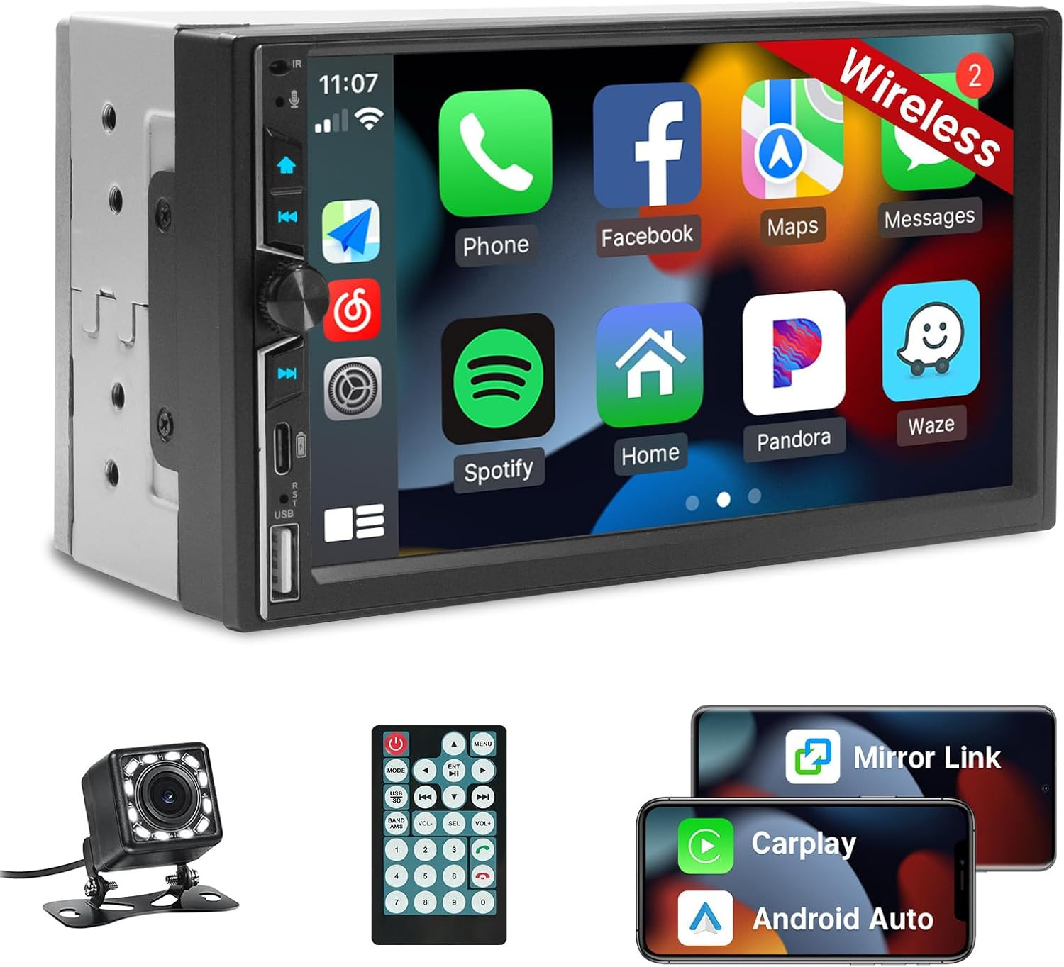 Wireless Double Din Car Stereo with Apple Carplay, 7Inch Touchscreen Double Din