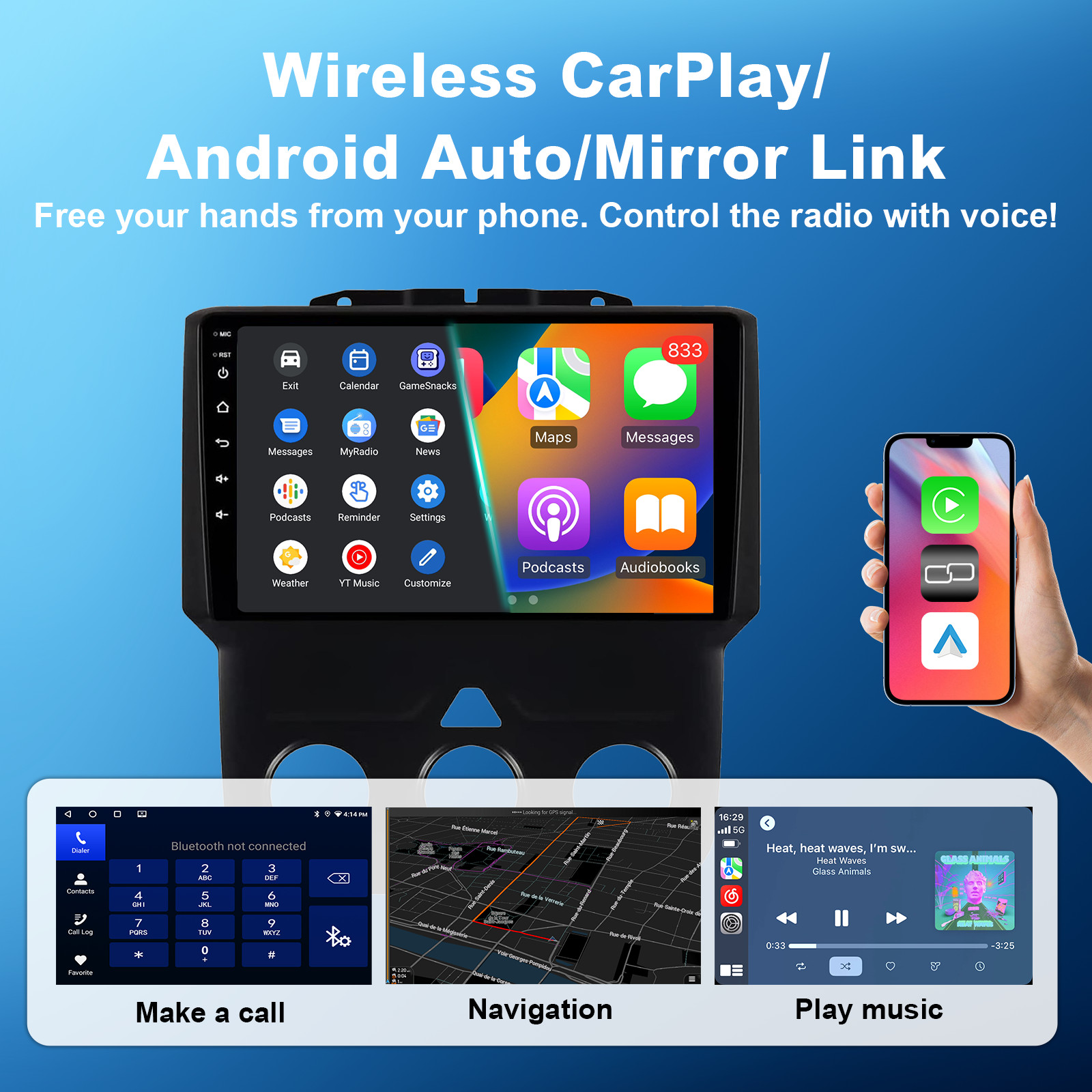 8Core 4+64G Dodge Ram1500/2500/3500 2013-2019 9″ Android14 Radio,CarPlay Auto,AM
