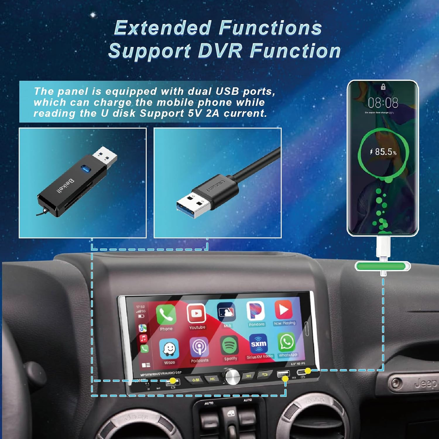 Radio de coche de un solo DIN compatible con Apple Carplay inalámbrico,