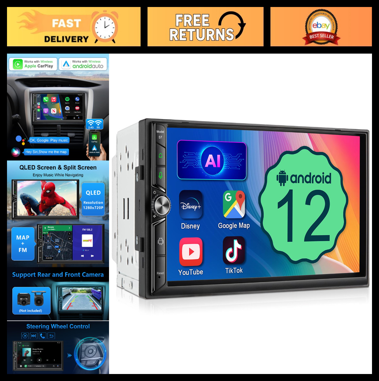7″ Double Din Car Stereo, Wireless Apple CarPlay & Android Auto, QLED Touchscree