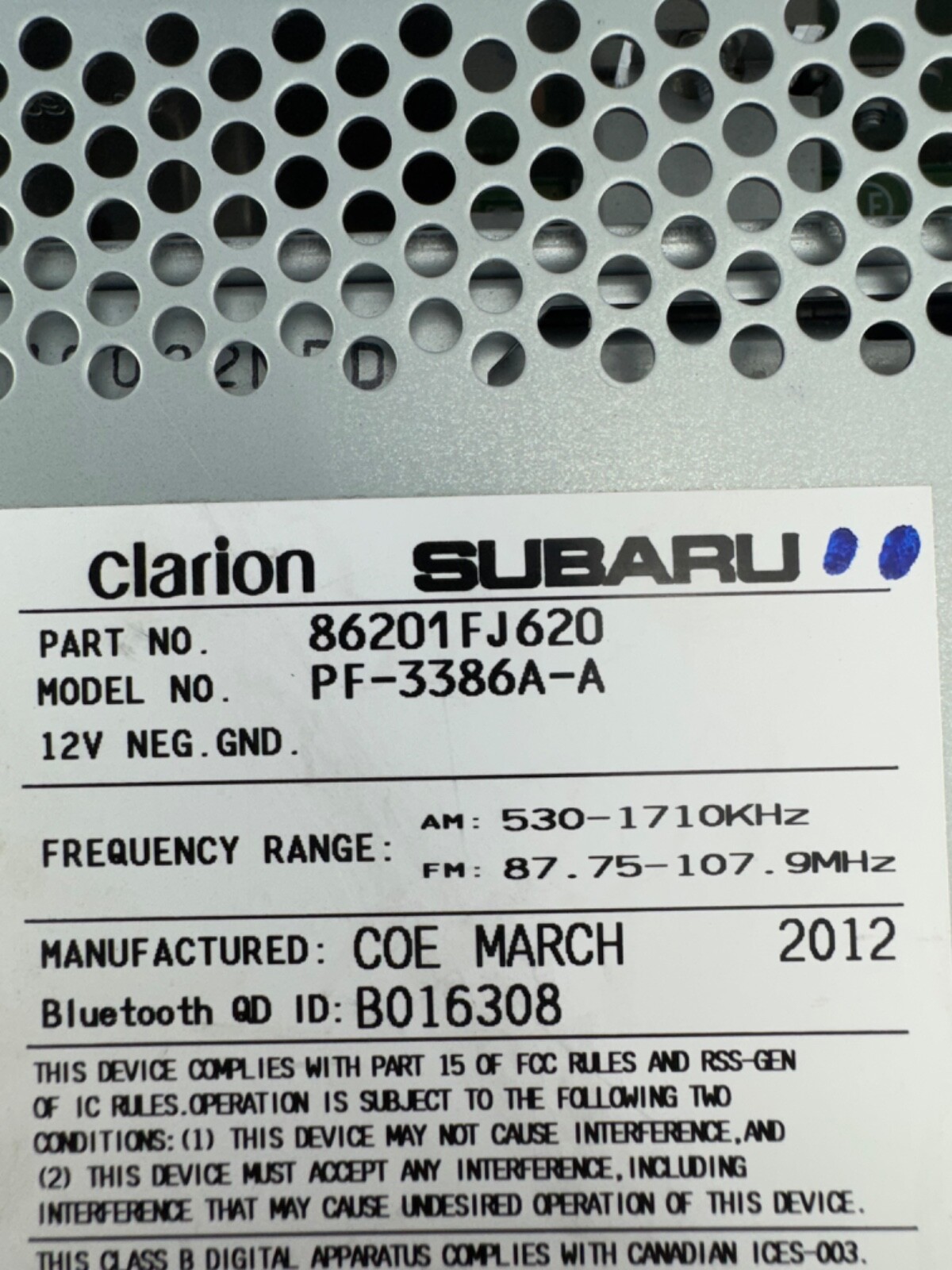 Clarion Suburu Imprezza Crosstrek PF-3386A-A Car Stereo 86201FJ620 MP3 WMA 12-14