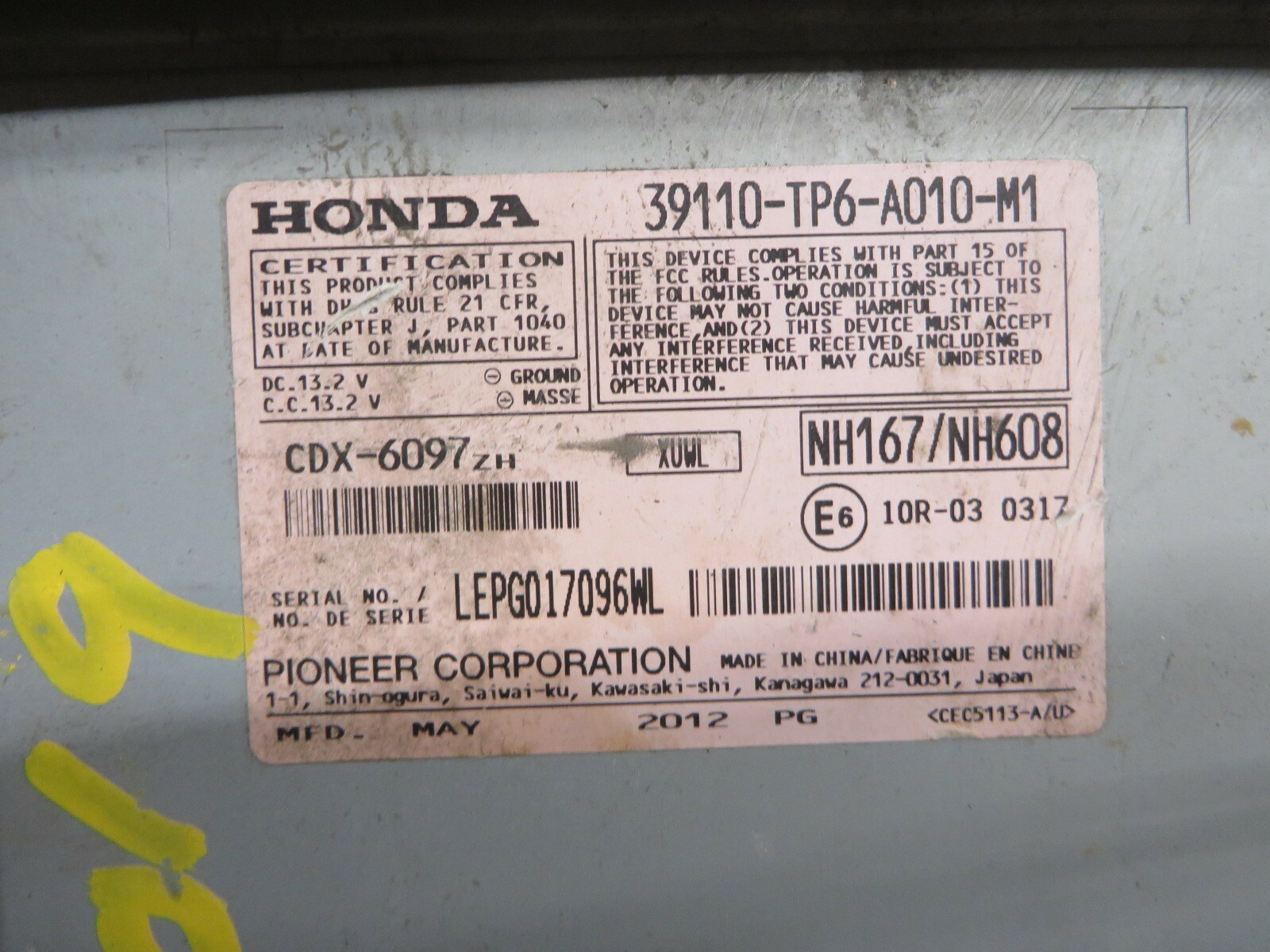 HONDA CROSSTOUR 2012 RADIO AUDIO CD FACTORY DASH CD UNIT OEM # 39110TP6A010M1