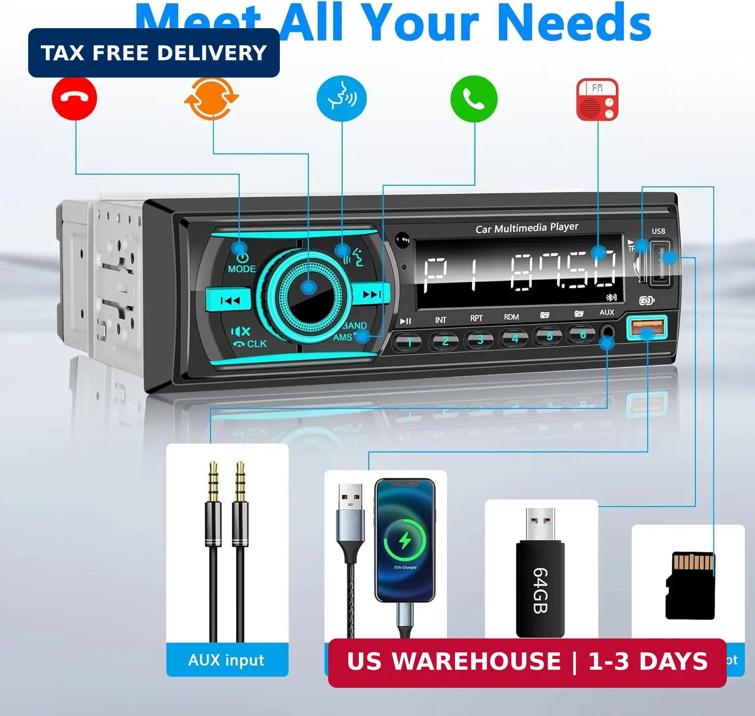 Single Din Radio Car Stereo Bluetooth,Radio Head Unit with FM/Dual USB/AUX/TF/EQ