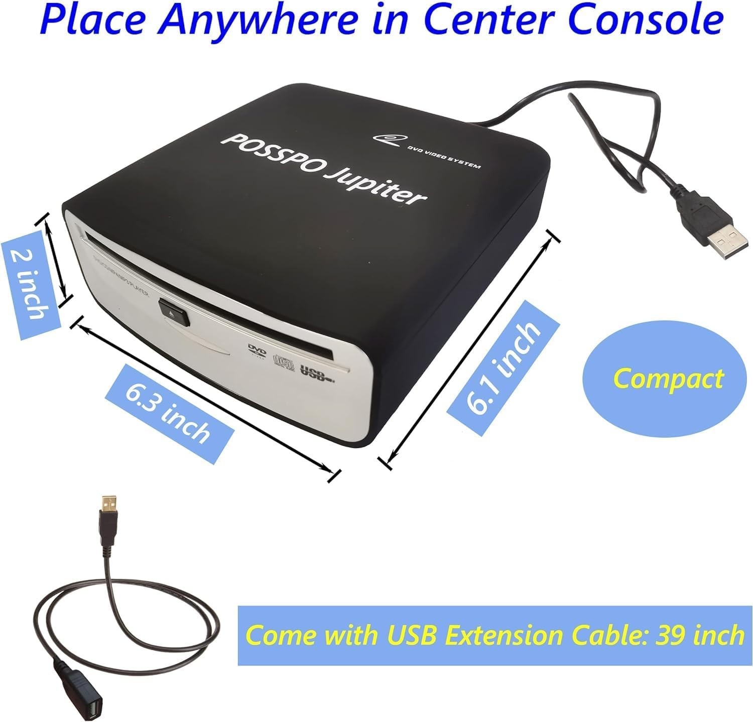 POSSPO Jupiter CD DVD Player for Car with USB Port AUX Port, Portable External