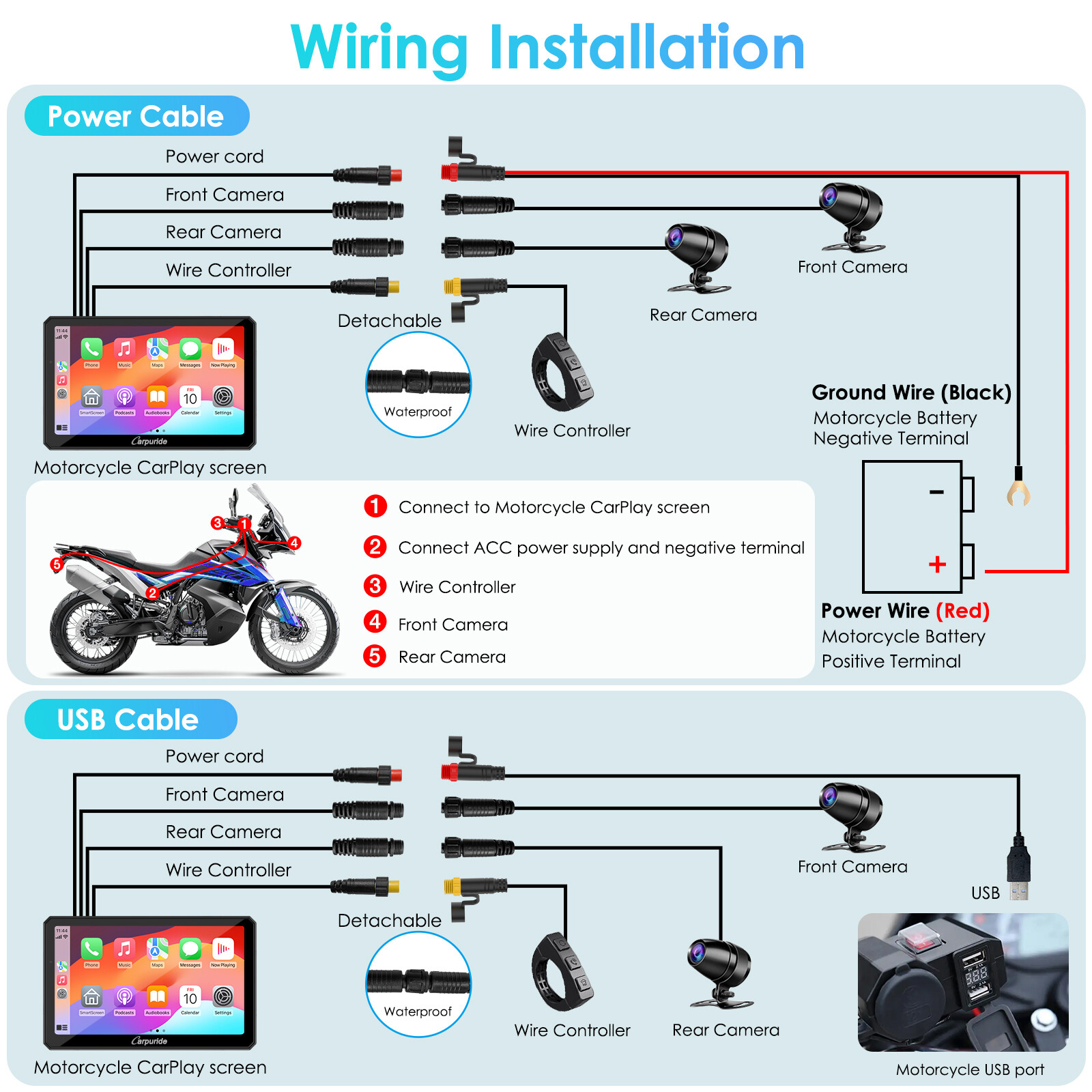 Carpuride W712D Wireless Carplay Android Auto Motorcycle Wired Controlled TPMS