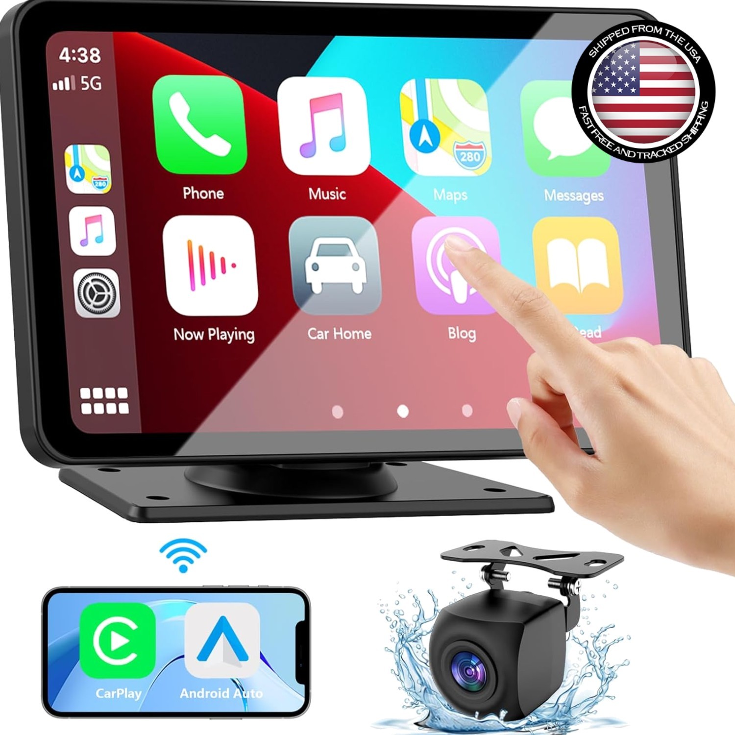 Wireless 7” CarPlay & Android Auto Screen with Real-Time GPS & Audio Options