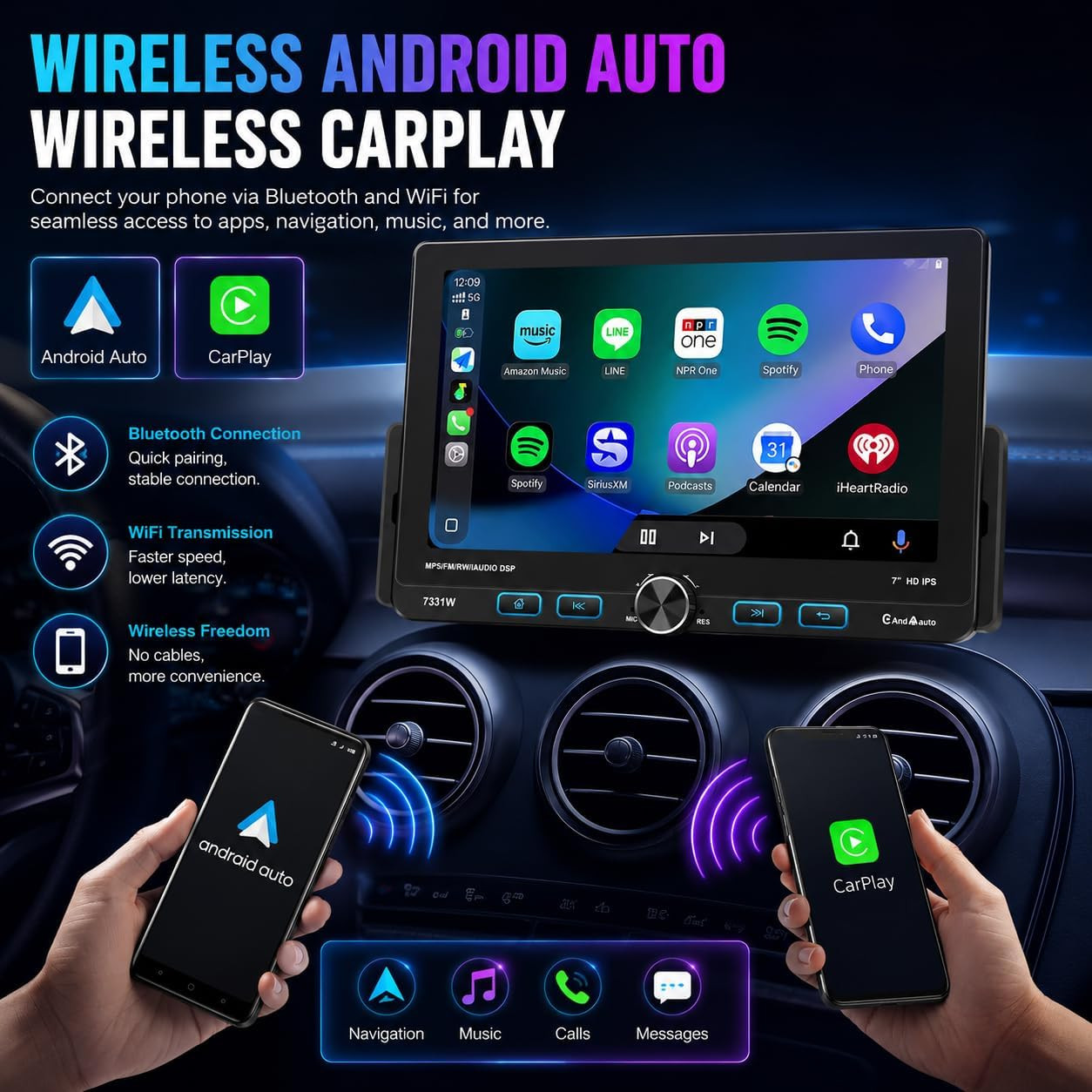 7 Inch Single Din Car Stereo Wireless Apple Carplay & Android Auto, Detachable R