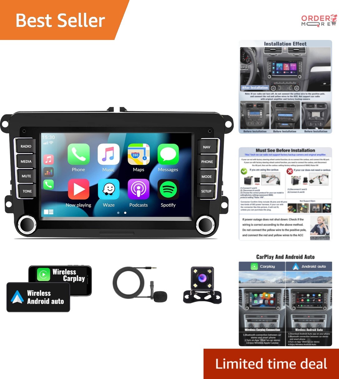 Android Car Stereo 2G+64G Touchscreen GPS Bluetooth WiFi Backup Camera for VW