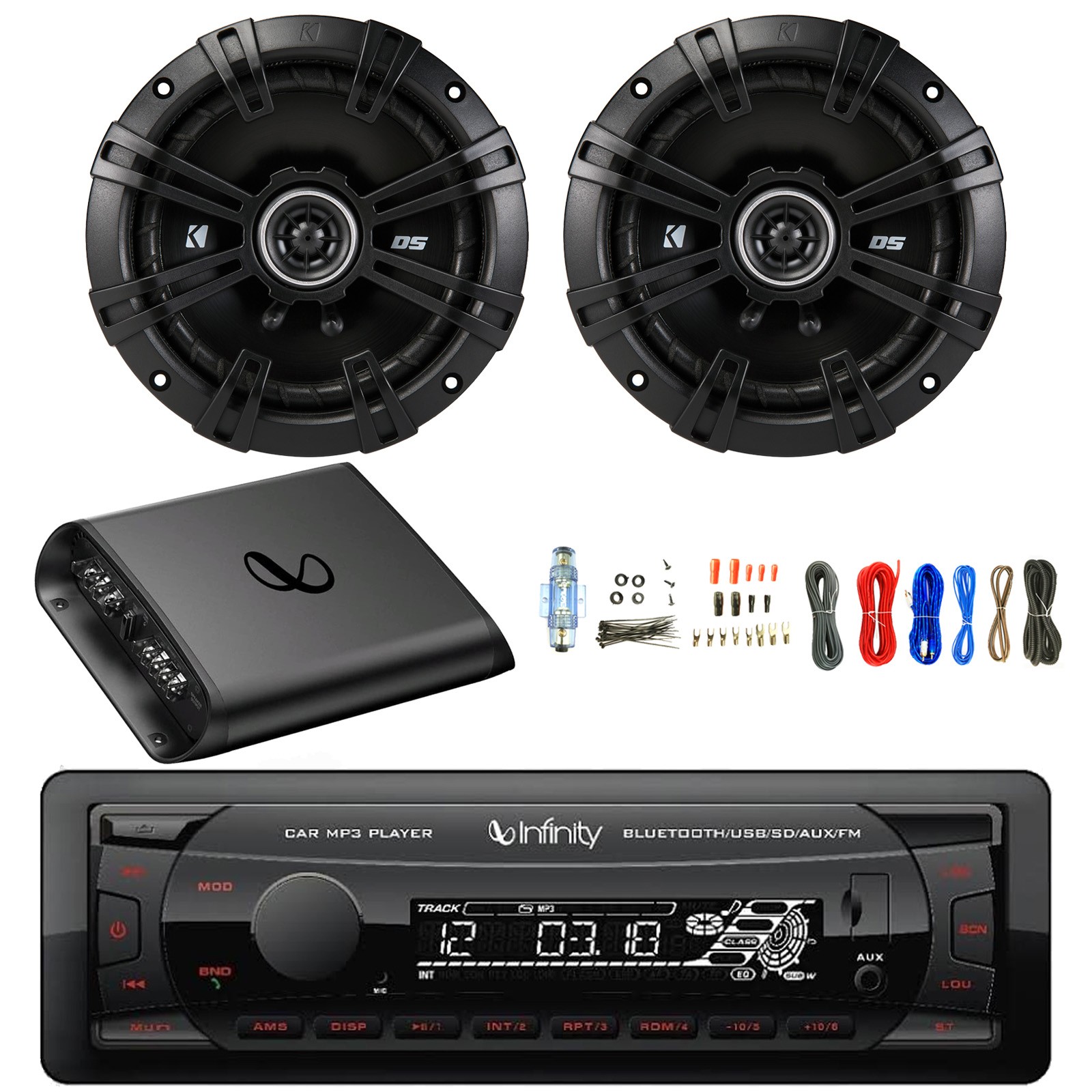 Infinity Single DIN Bluetooth MP3 Receiver, 2x 6.5″ 240W Speakers, Amp w/Kit