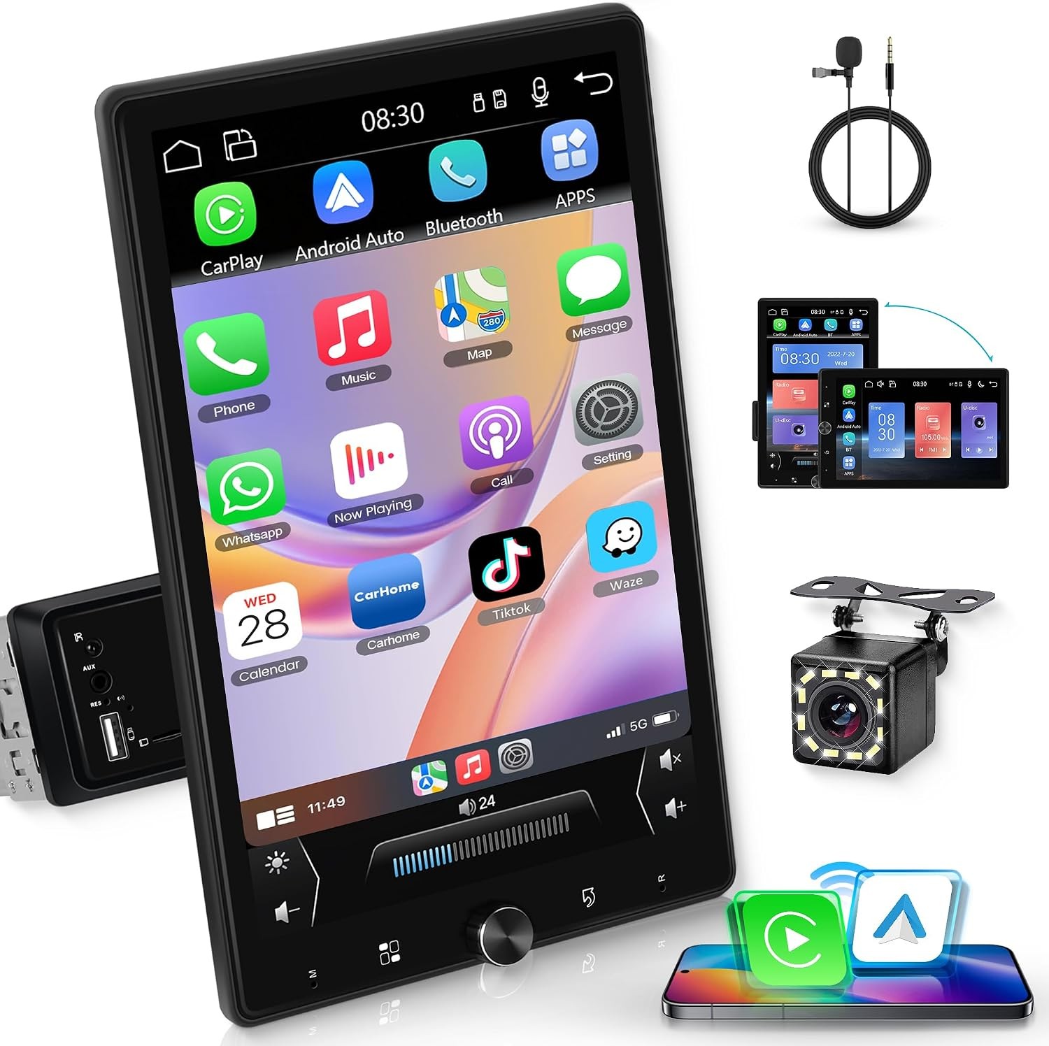 10.4″ Android 15.0 Single 1 Din Carplay Rotatable Car Stereo Radio GPS WIFI +CAM