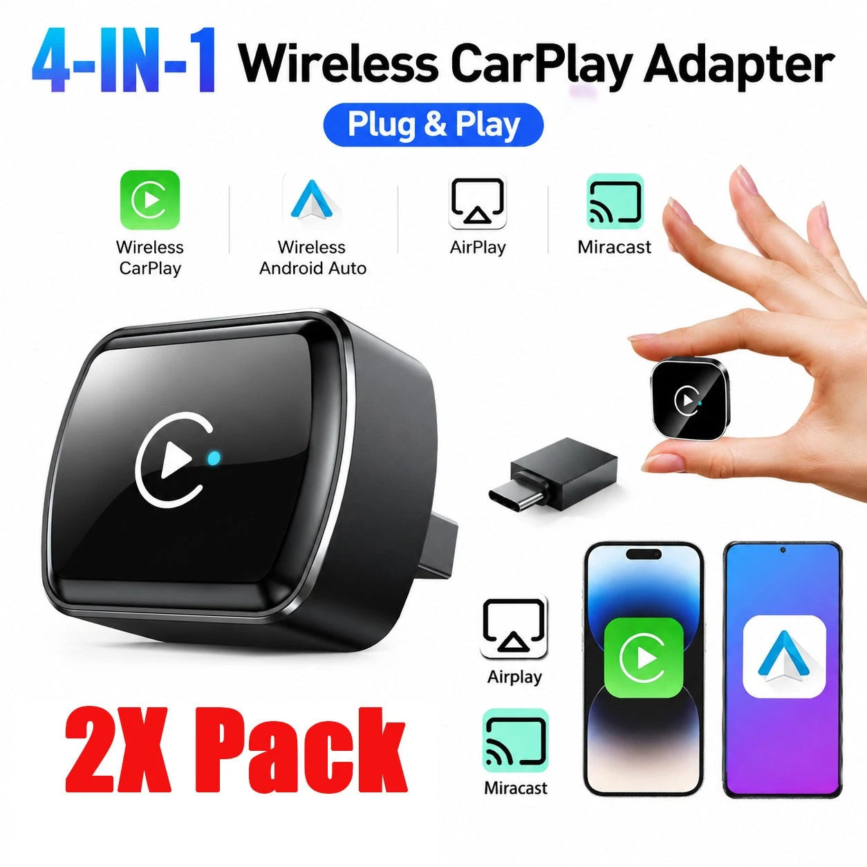 2* 4IN1 Mini Auto Wireless Adapter with Mirror Link Android Carplay Plug Play