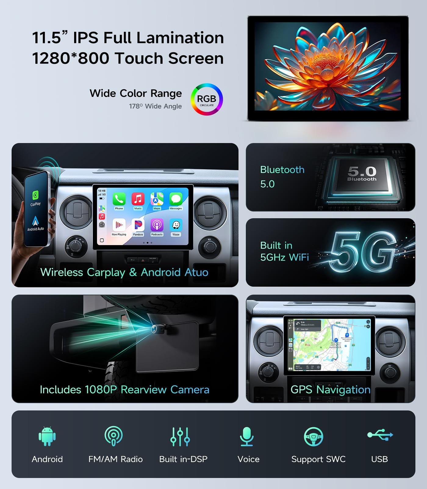 11.5” Car Stereo for 2009-2014 Ford F150, Wireless CarPlay, GPS, Bluetooth