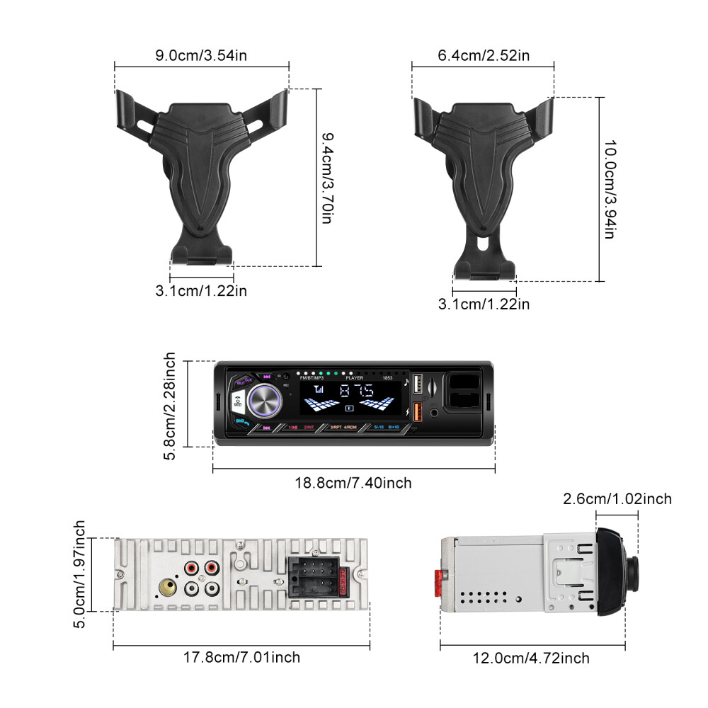 Car Radio Stereo Bluetooth 1Din FM Audio Head Unit MP3 USB/TF/AUX/Phone Holder