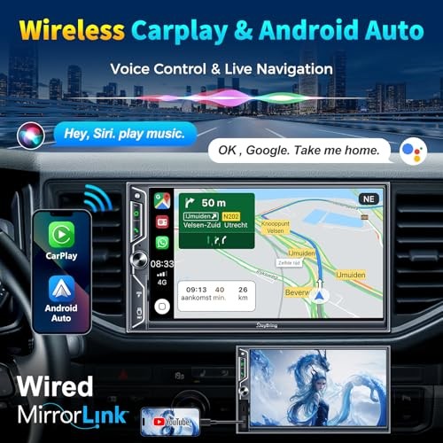 7 Inch Double Din Car Stereo with Wireless CarPlay and Android Auto,