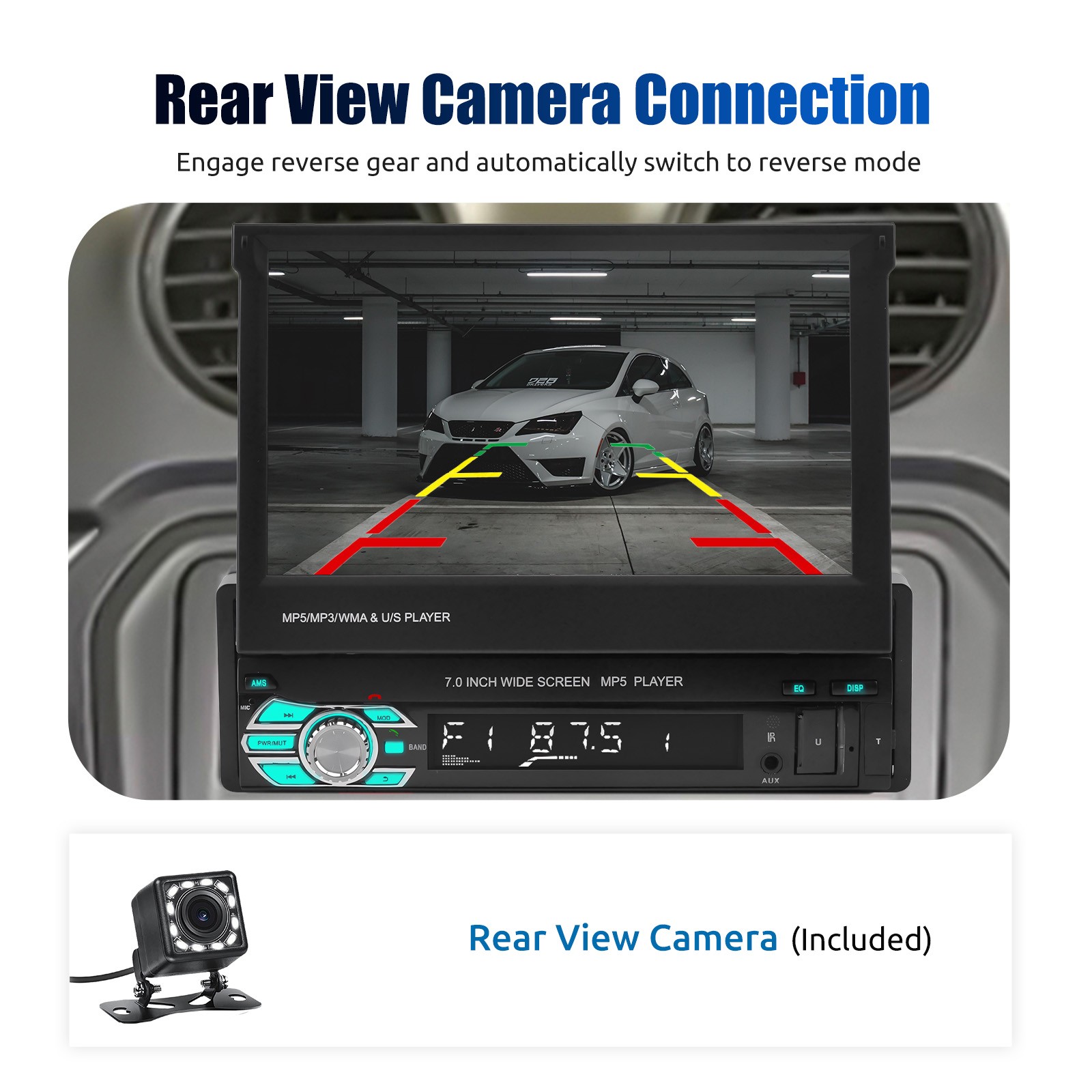 7″ Filp Out 1Din Apple CarPlay Touch Screen Car Radio Stereo BT USB FM+MIC&CAM