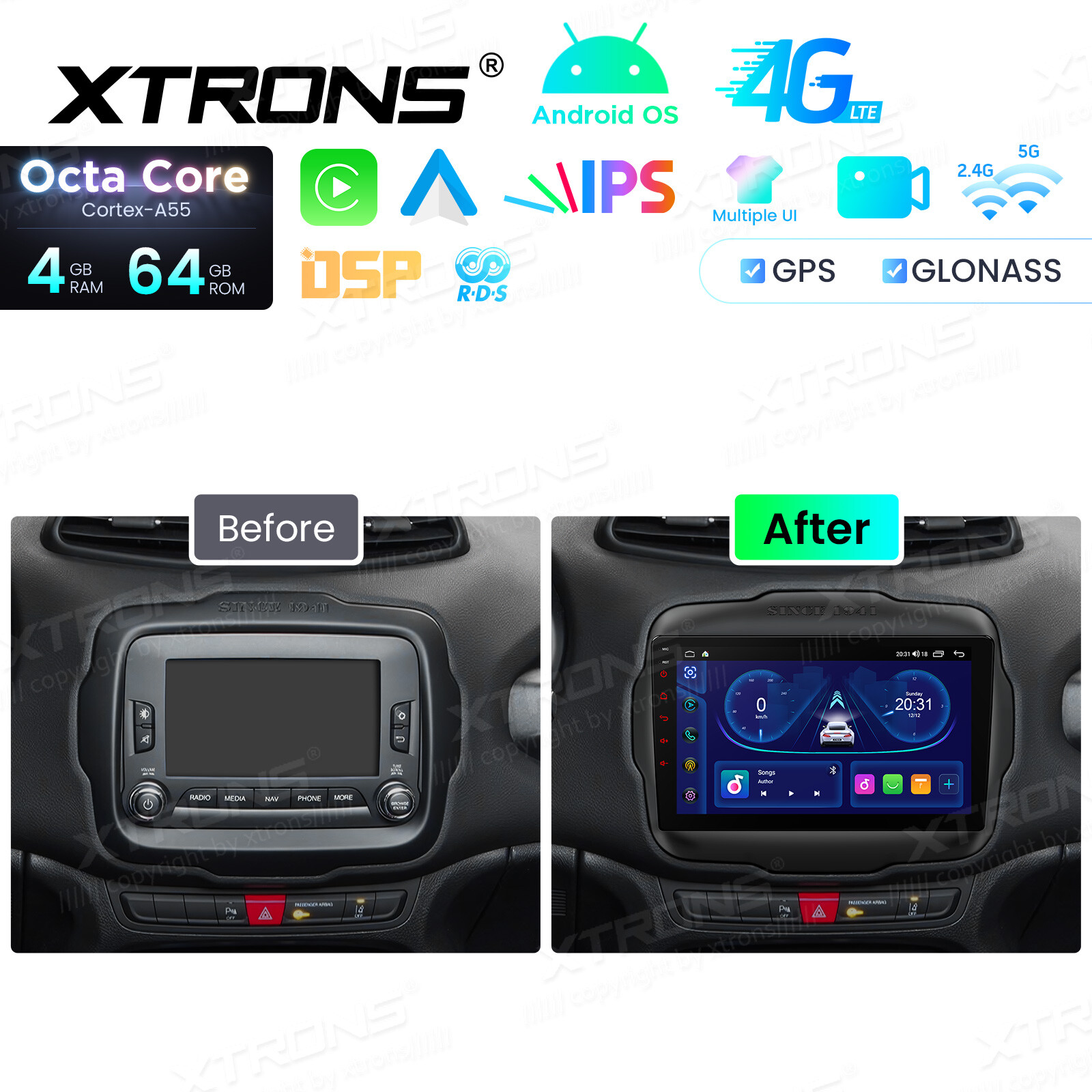 Octa Core Android Radio for Jeep Renegade 9″ IPS Screen DSP Bluetooth 4GB 64GB