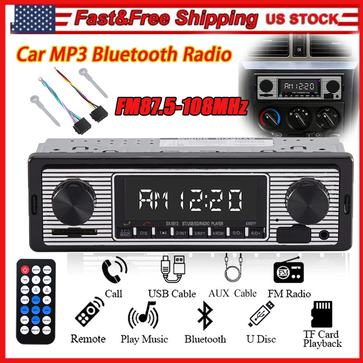 Bluetooth Vintage Car FM Radio MP3 Player USB Classic Stereo Audio Receiver AUX