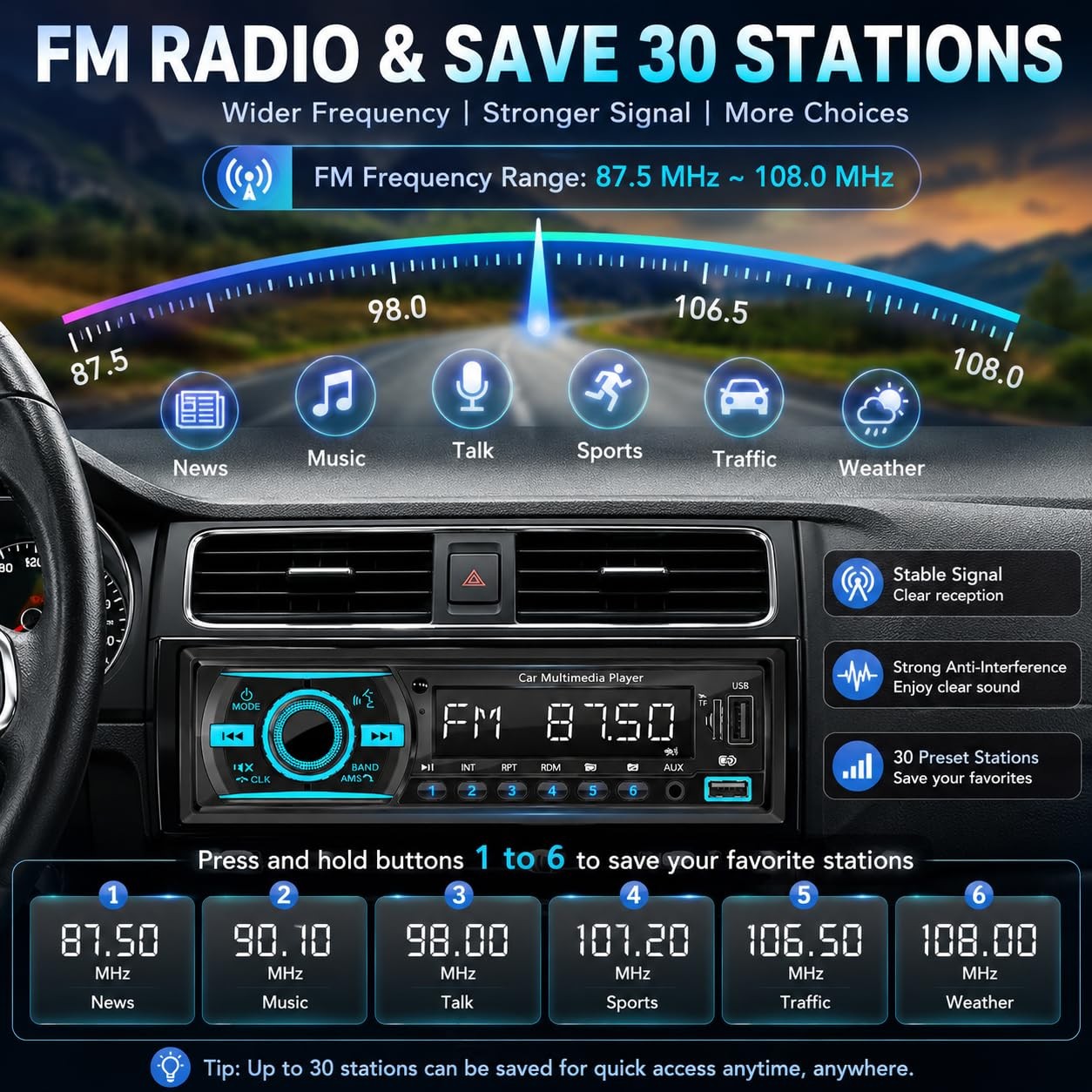 Single Din Radio Car Stereo Bluetooth,Radio Head Unit with FM/Dual