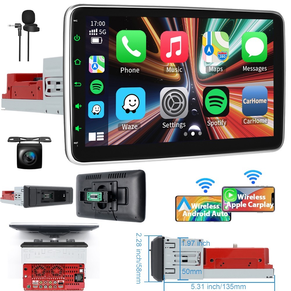 10″ Single Din Touch Screen Stereo Bluetooth Car Radio Apple/Android Carplay+CAM