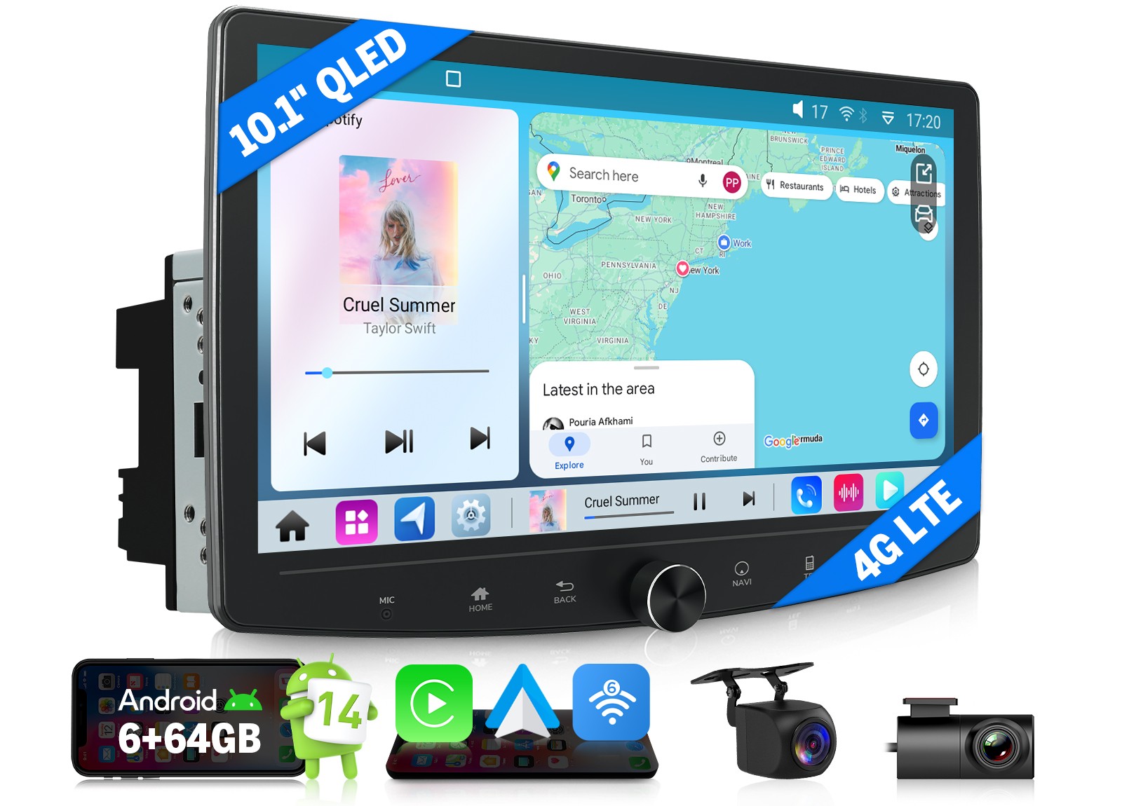 Double DIN 10.1″ QLED Touch Screen Android 14 8-Core Car Stereo Radio GPS 4G LTE