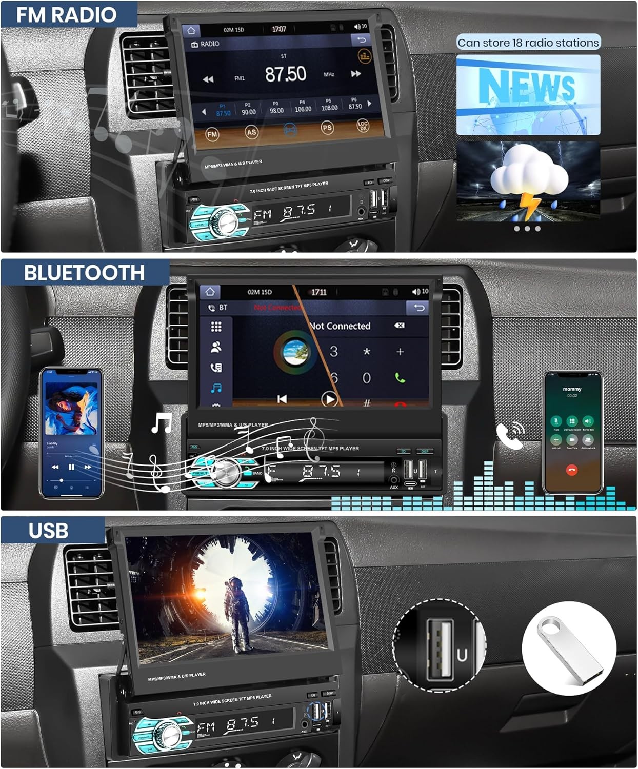 Single 1DIN Car Radio Stereo Touch Screen Bluetooth Flip out MP5 Player Carplay