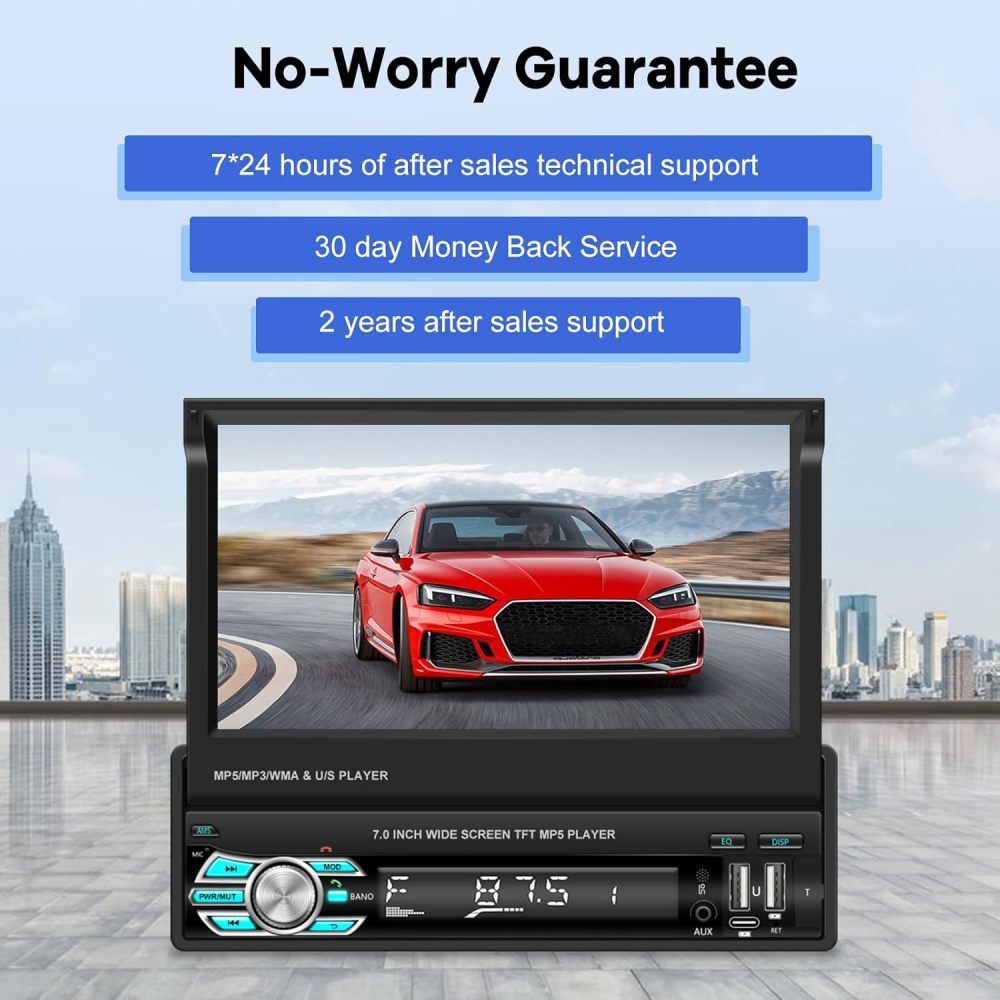 7″ Single 1 DIN Car Radio Stereo Apple Carplay Bluetooth Flip Out Screen USB AUX