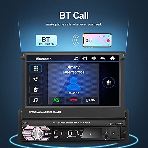 Bluetooth Single Din Car Stereo 7 Inch Retractable Touchscreen with Mirror Link