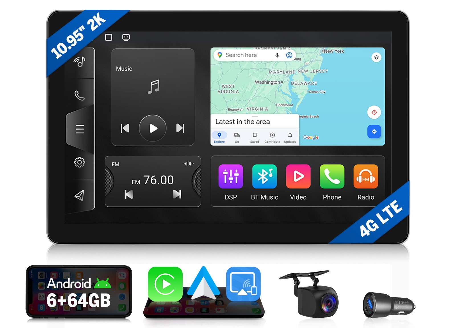 Android 13 10.95″ GPS Navigation Car Stereo 1DIN Wireless CarPlay DSP Universal