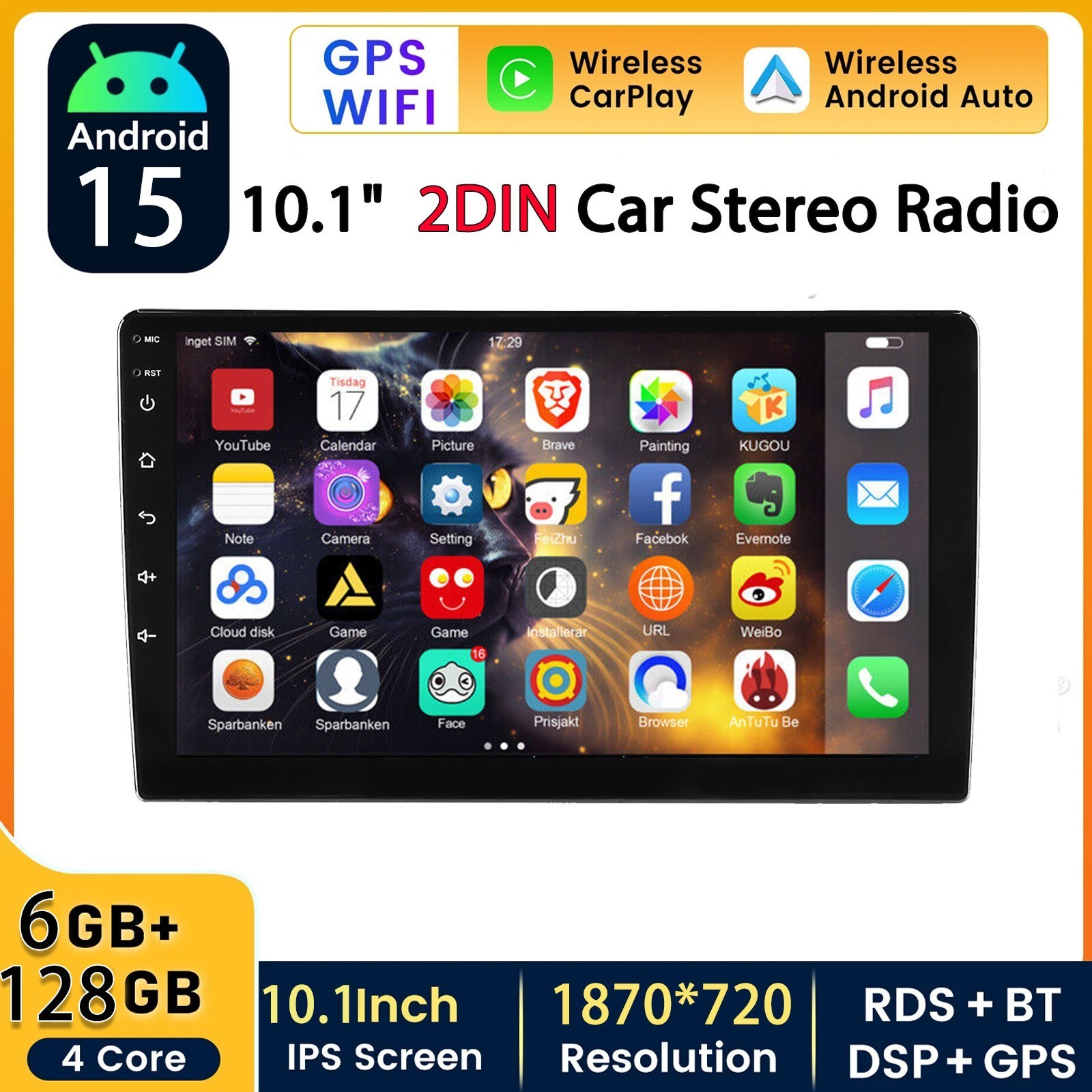 10″ 6+128GB Double 2 DIN Car Stereo Radio 8-Core Apple CarPlay Android 15 GPS BT