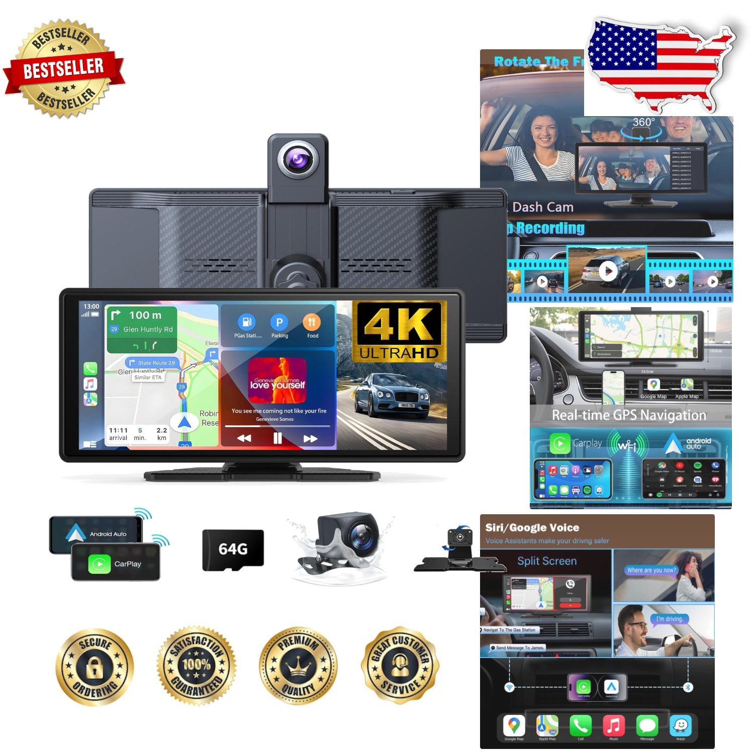 CarPlay 10.26″ 4K Wireless Screen, 360° Dash Cam, 1080P Backup Camera