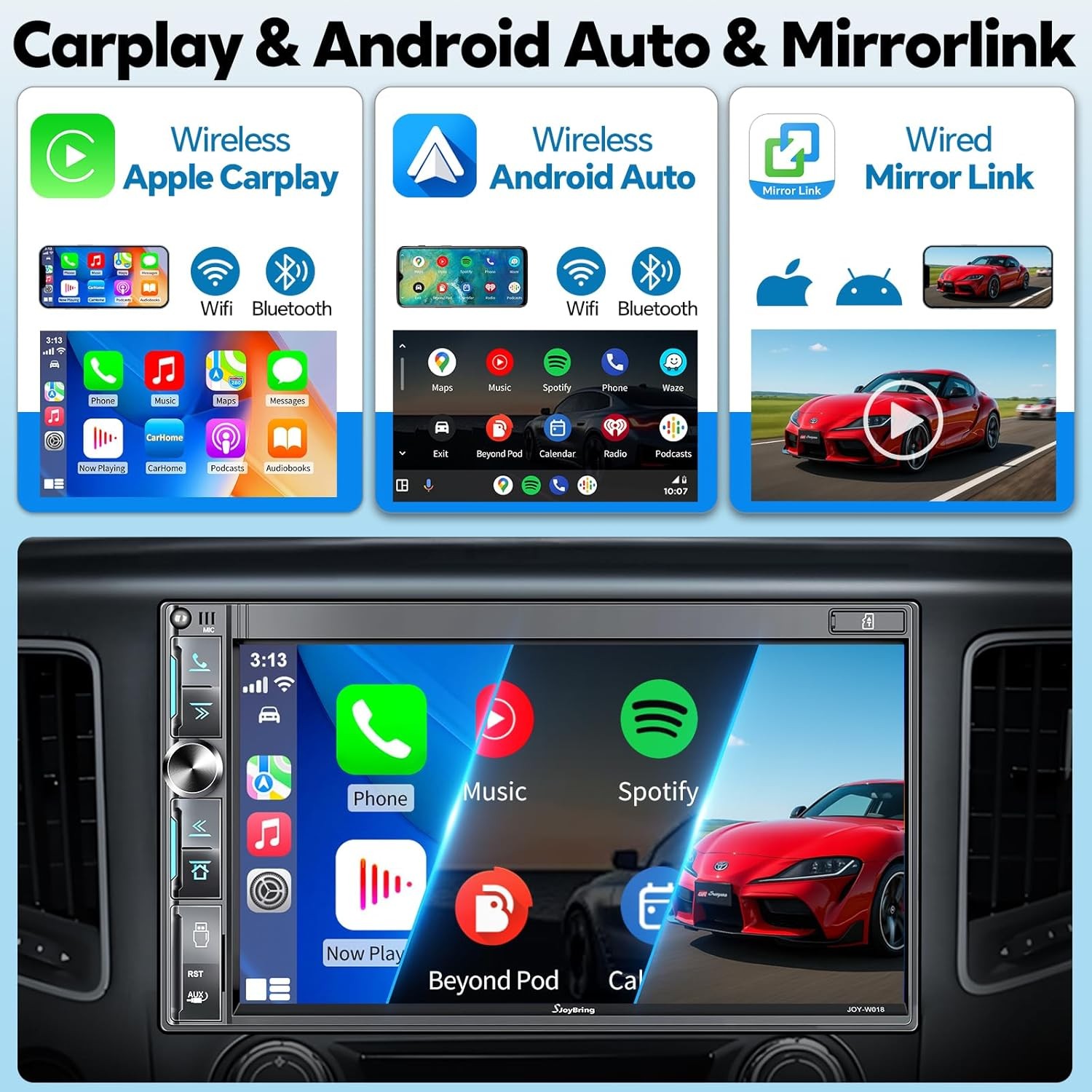 7 Inch Double Din Car Stereo Apple CarPlay Android Auto QLED
