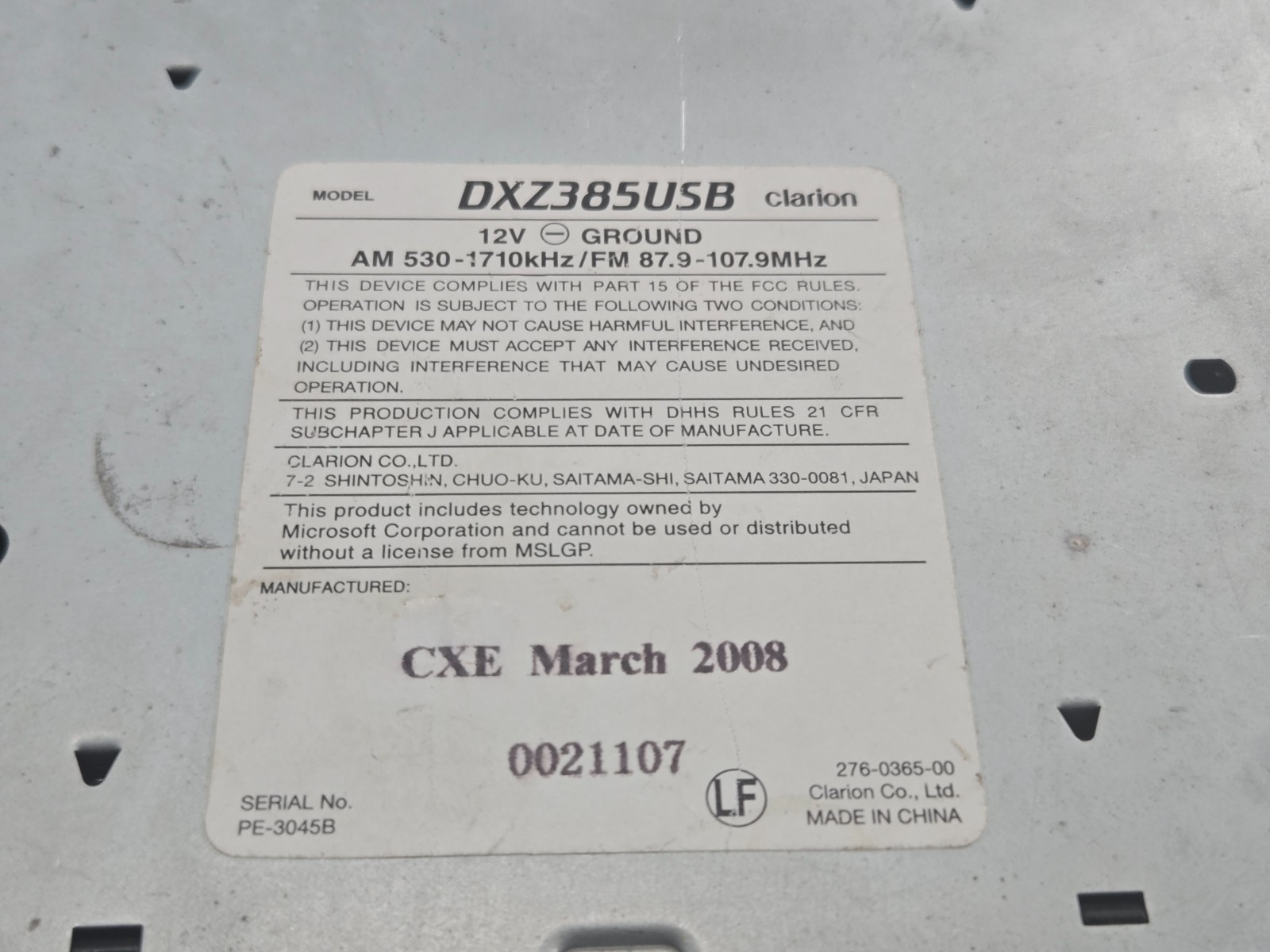 Clarion DXZ385USB Car Audio