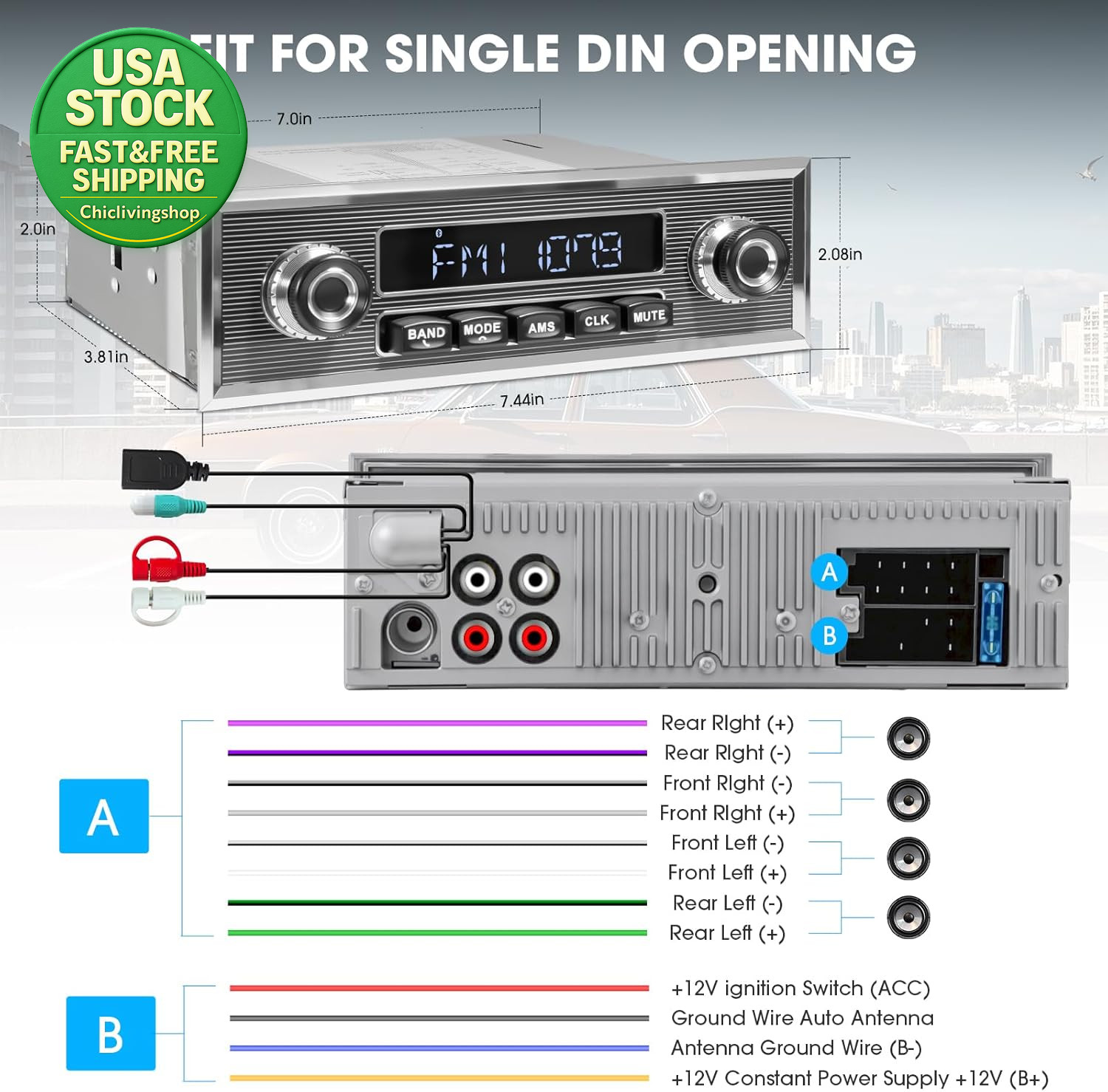Bluetooth Retro Radio Single Din Vintage Stereo AM FM USB AUX Subwoofer RCA