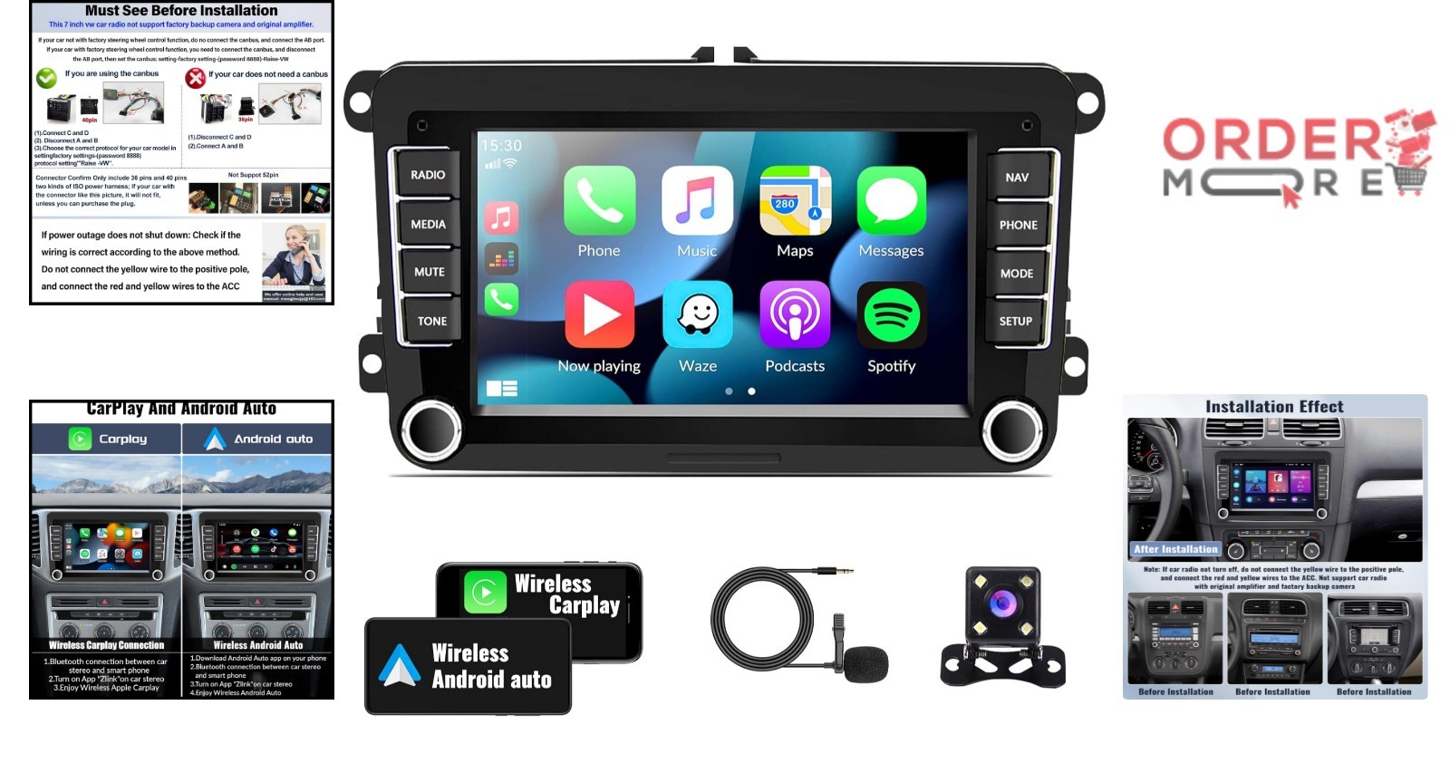 Android Car Stereo 2G+64G Touchscreen GPS Bluetooth WiFi Backup Camera for VW