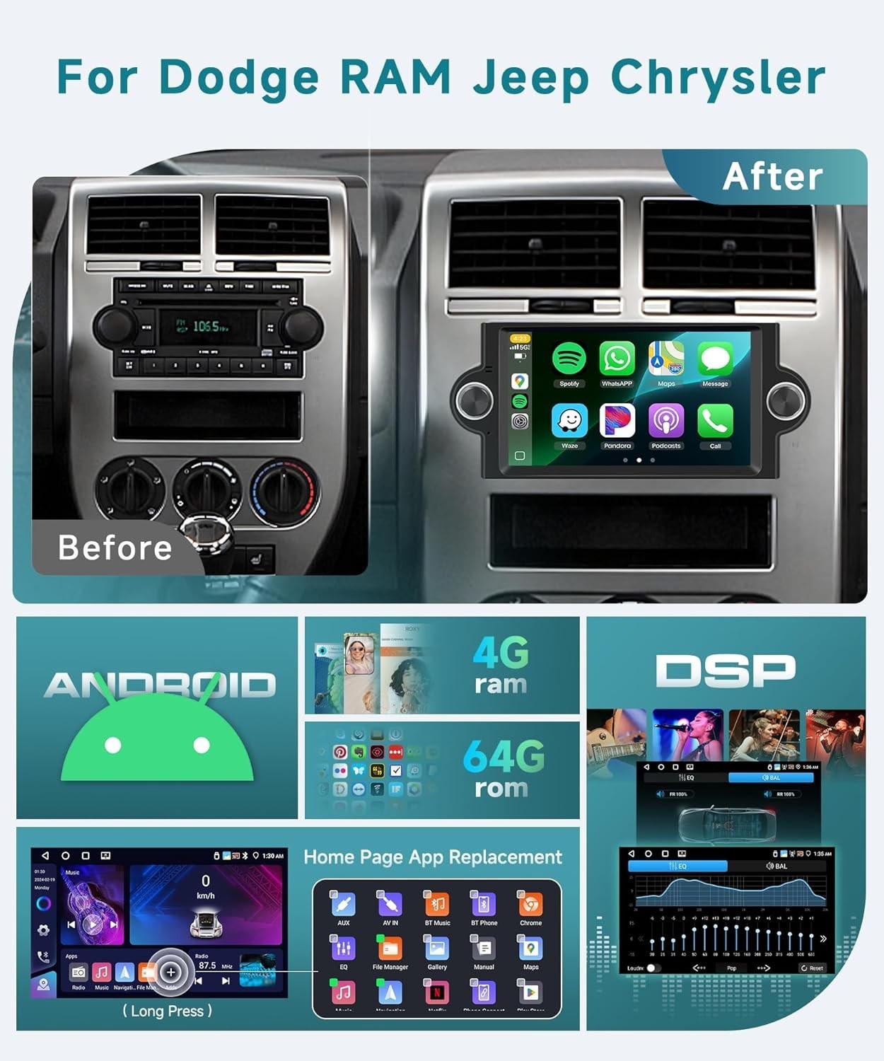 6.2″ 4+64G Android Auto Carplay for 2004-2008 Dodge RAM Jeep Chrysler 300C