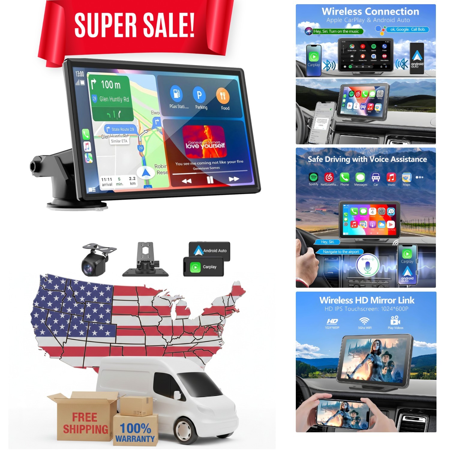 HD Portable Carplay & Android Auto Screen with Backup Camera – Universal Fit