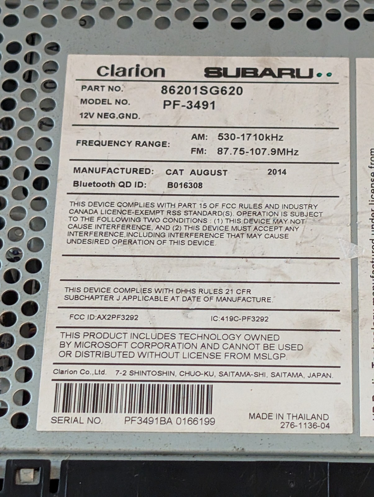 Clarion Subaru Car Stereo In Dash AM/FM CD PF-3491