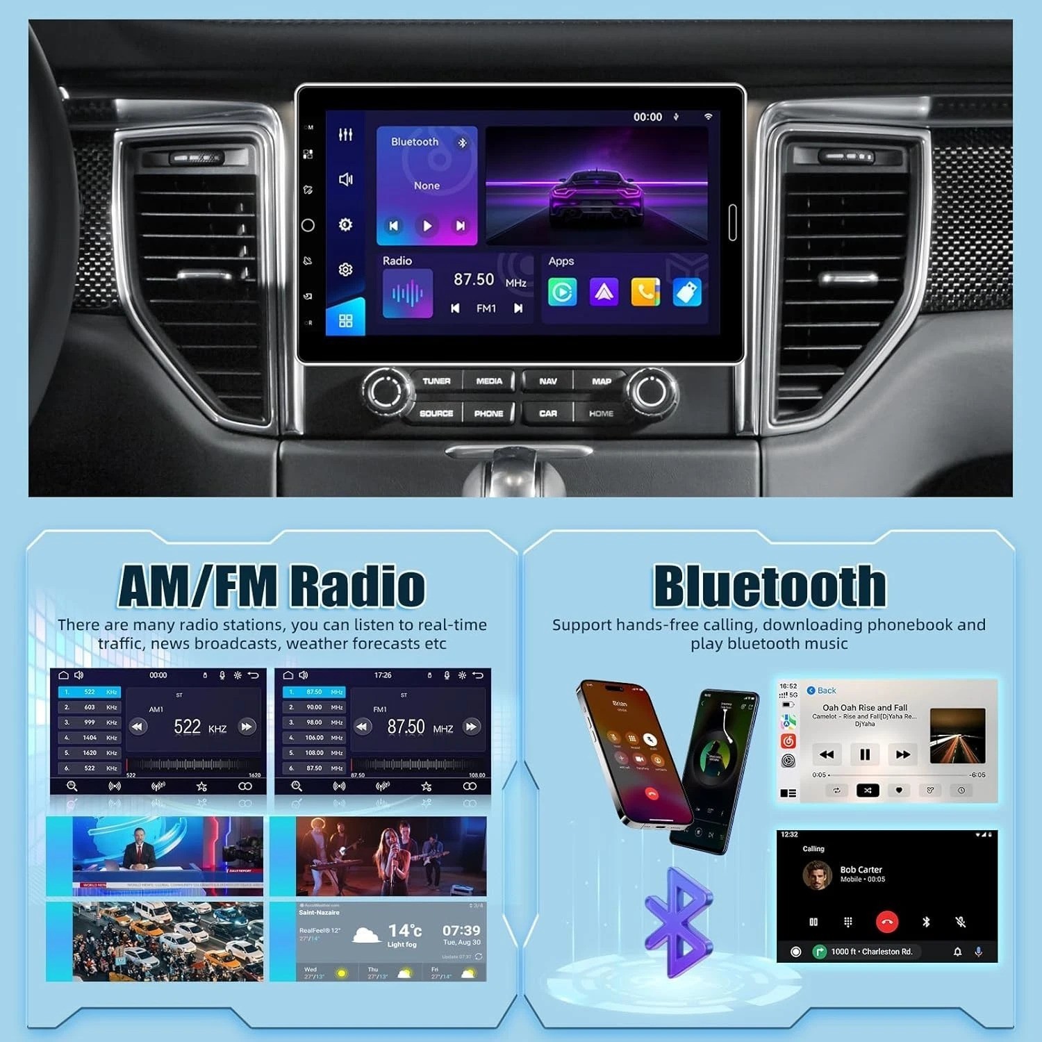 High-Definition 10.1 Inch Car Stereo: Bluetooth, YouTube, and Steering Control