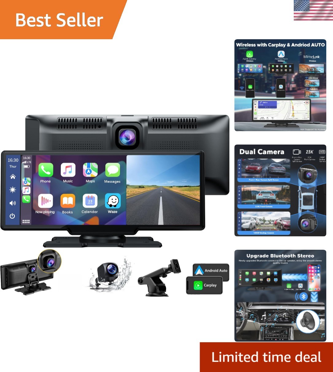 9.26″ Wireless Carplay & Android Auto with 2.5K Dash Cam & 1080P Backup Camera