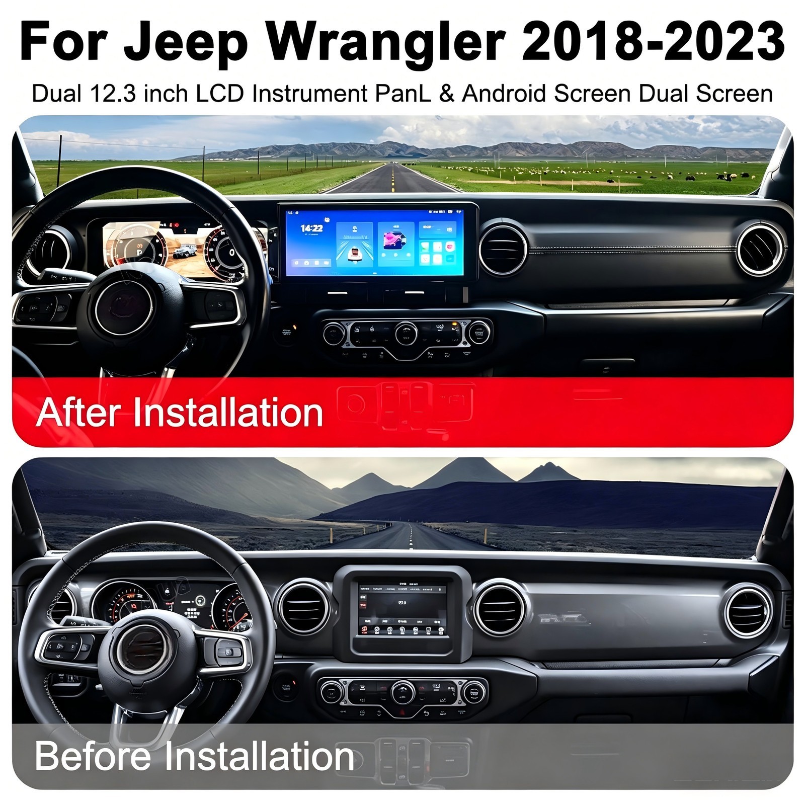 Dual Screen Digital Cluster Car Radio For Jeep Wrangler JL Gladiator 2018-2023