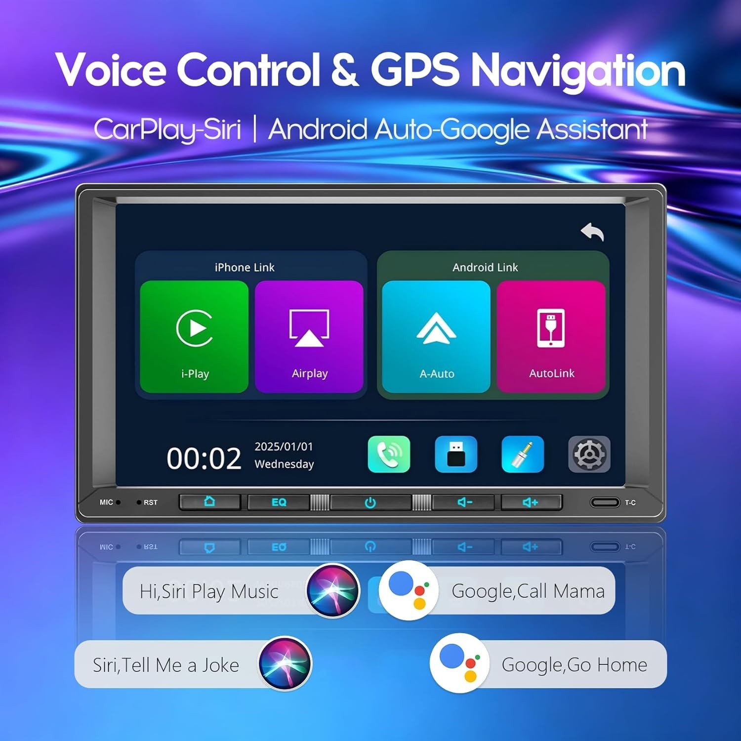 7″ Double DIN Android Auto Carplay Stereo with Linux OS, SWC, and Backup Camera