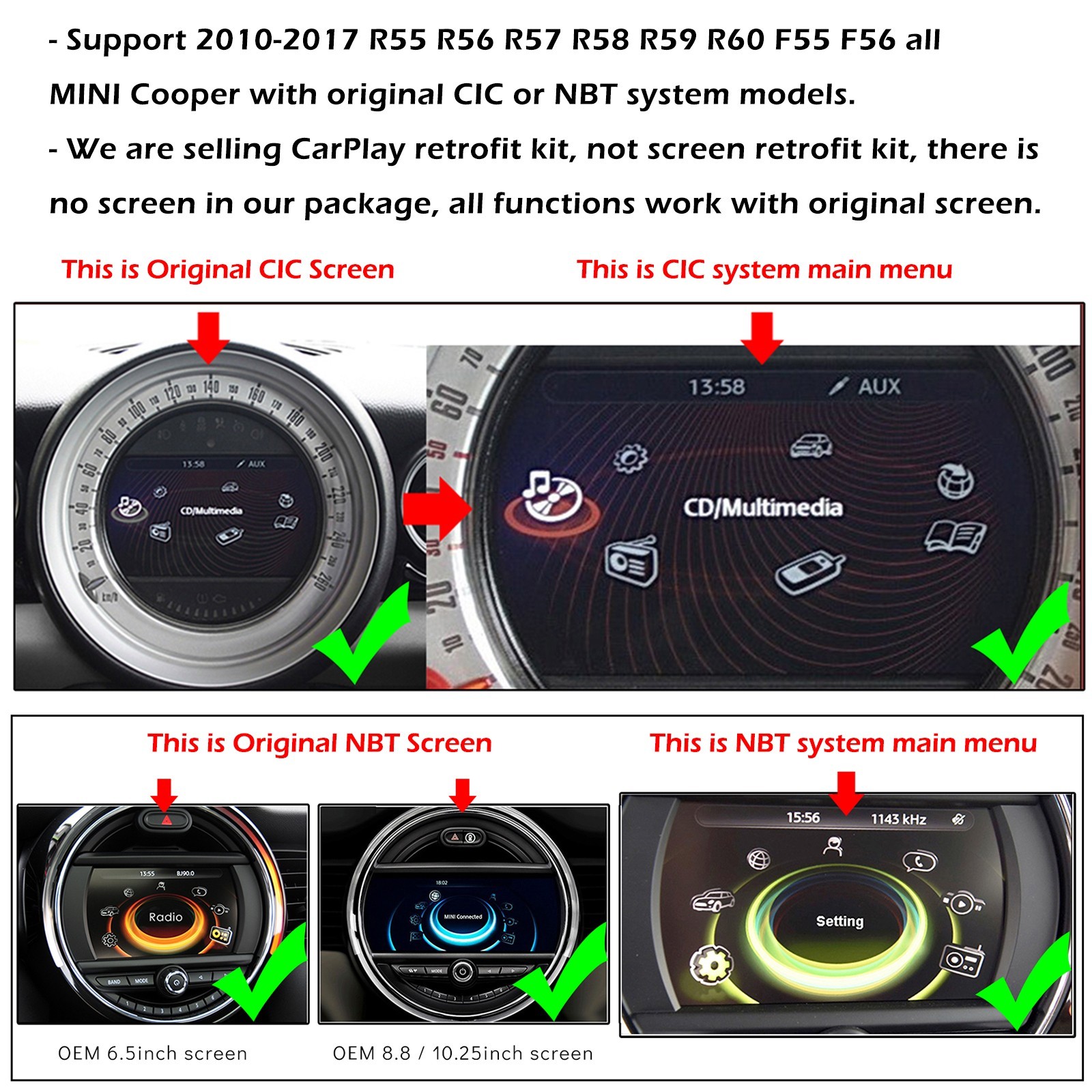 For MINI Cooper JCW CIC NBT Wireless CarPlay Android Auto Retrofit Kit 2010-2017