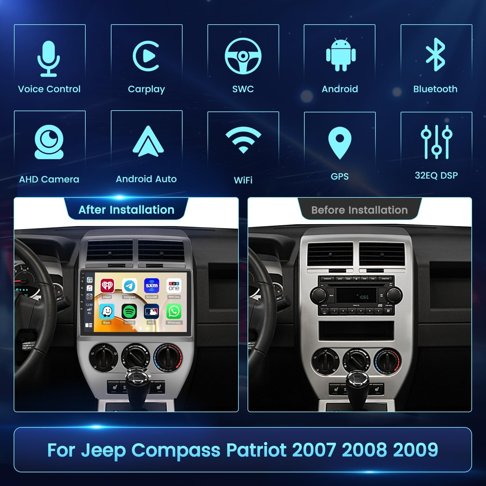 2+64GB Android Car Stereo for Jeep Compass Patriot 2007 2008 2009 Wireless Ca…
