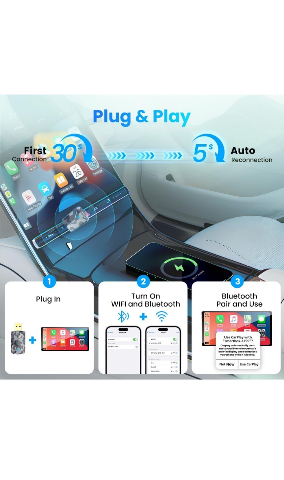 Mini Carplay and Android Auto Wireless Compatible with iOS10+/Android 11+