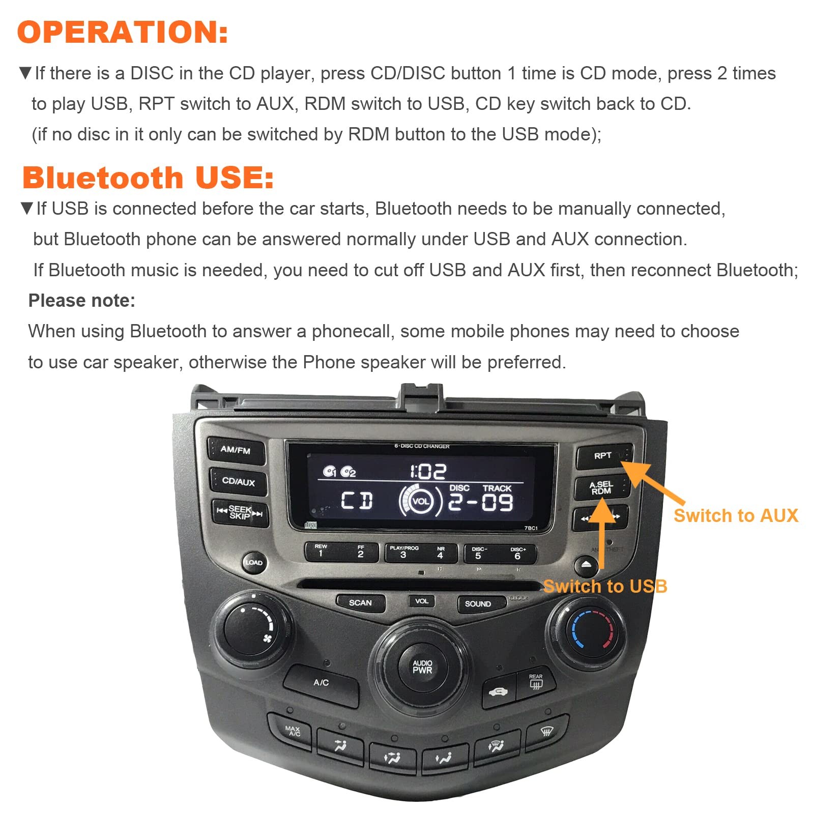 Car Bluetooth Transmitter with USB & AUX Input Interface for Honda Accord 200…
