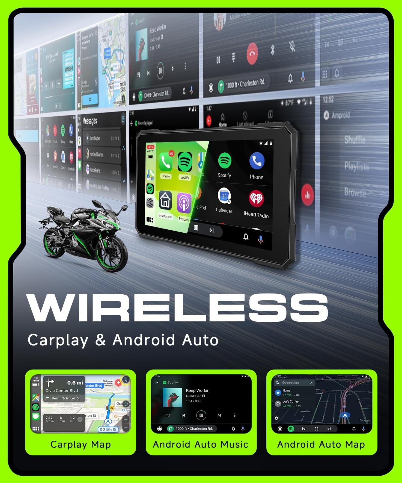 5″ Wireless CarPlay & Android Auto Screen for Motorcycle, IP68 Waterproof, GPS,