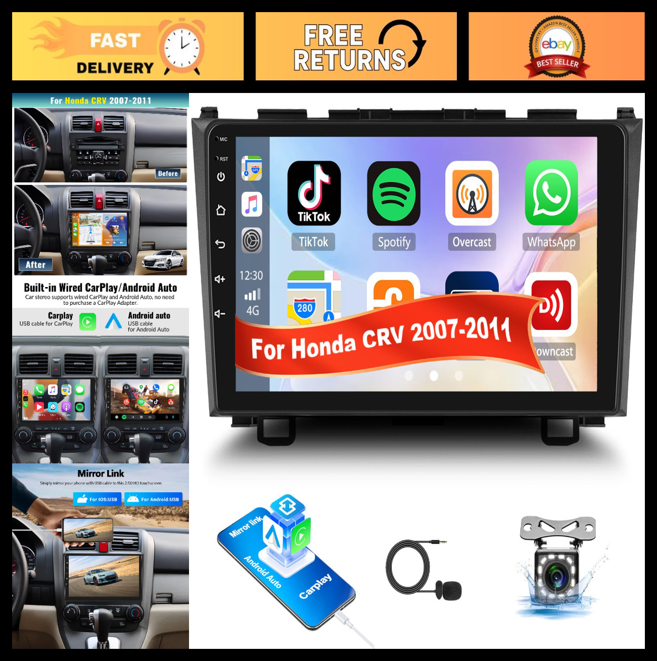 9″ Touch Screen Car Stereo for Honda CRV 2007-2011, MP5 Player, Apple CarPlay, A