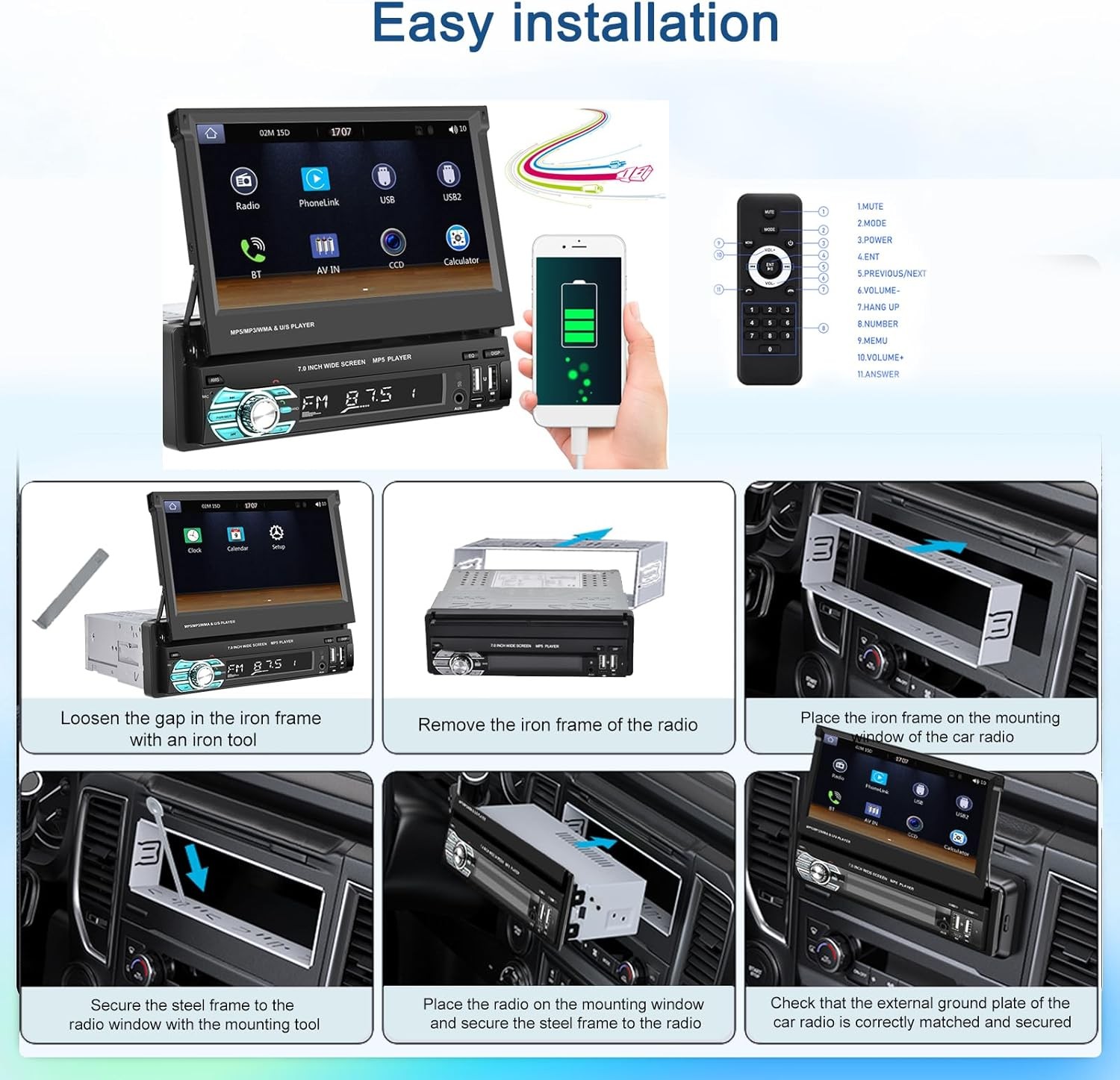 Single 1DIN Car Radio Stereo Touch Screen Bluetooth Flip out MP5 Player Carplay