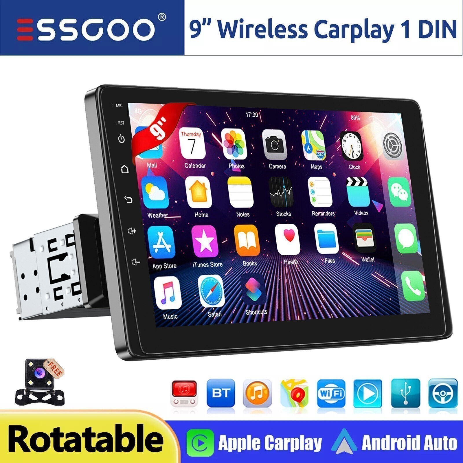 Single 1 Din 9″Car Stereo HD Radio CarPlay Bluetooth Player FM Touch Screen CAM